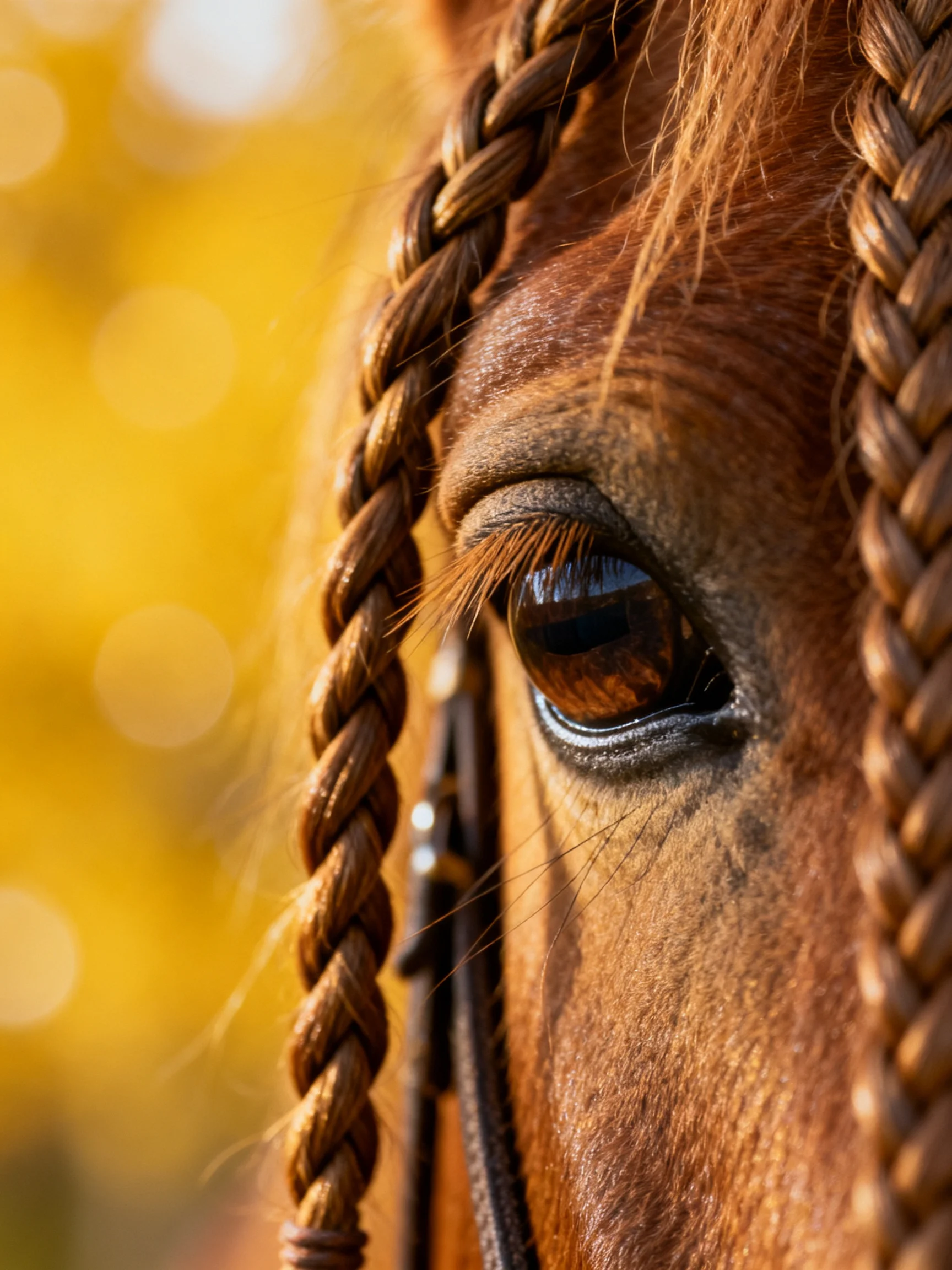 A brown horse’s eye with braided manes in golden light