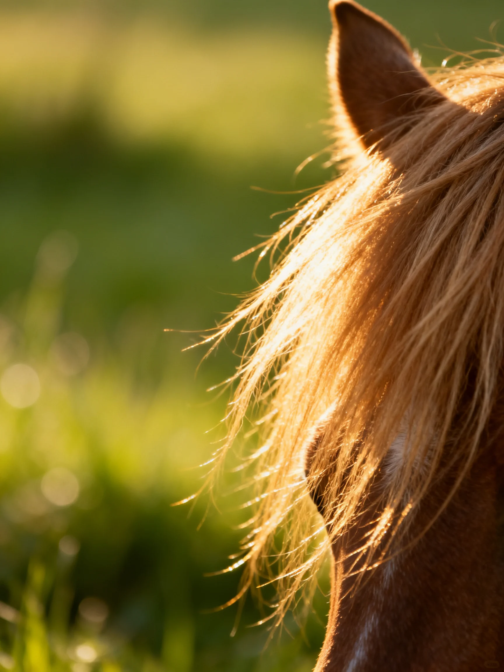 A brown horse’s golden mane illuminated by warm sunlight against a green field