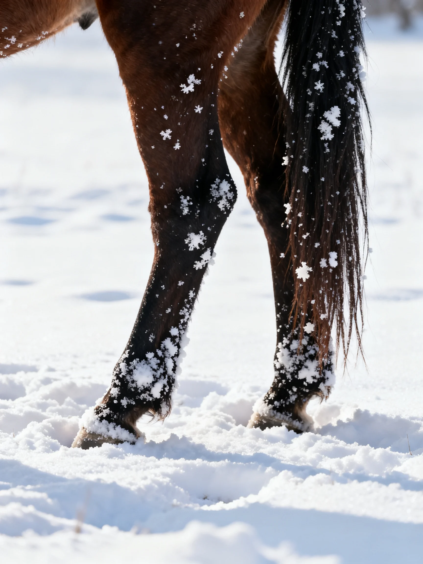 A brown horse’s legs and tail dusted with snowflakes on snowy terrain