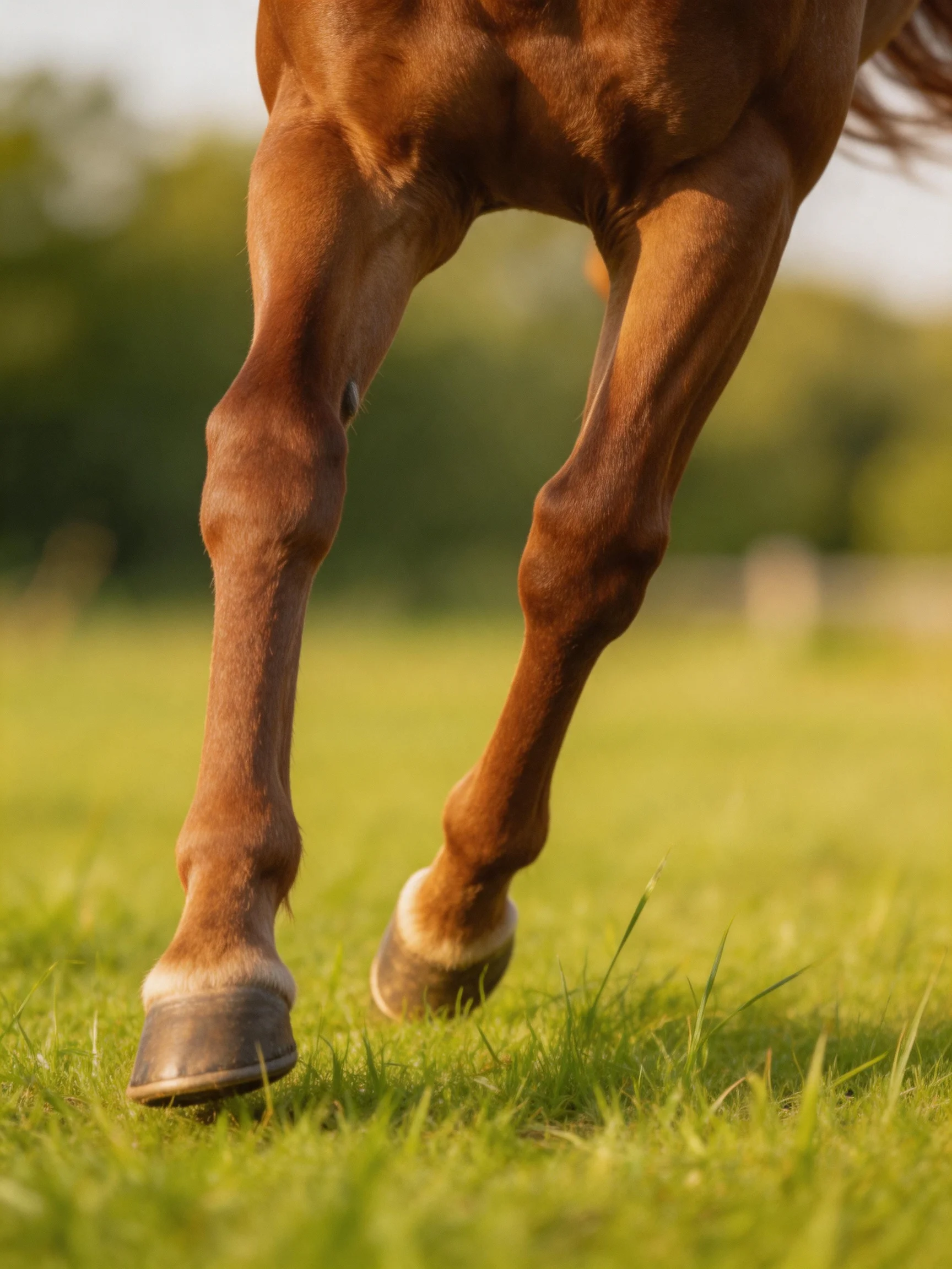 A brown horse’s muscular legs trotting on lush green grass