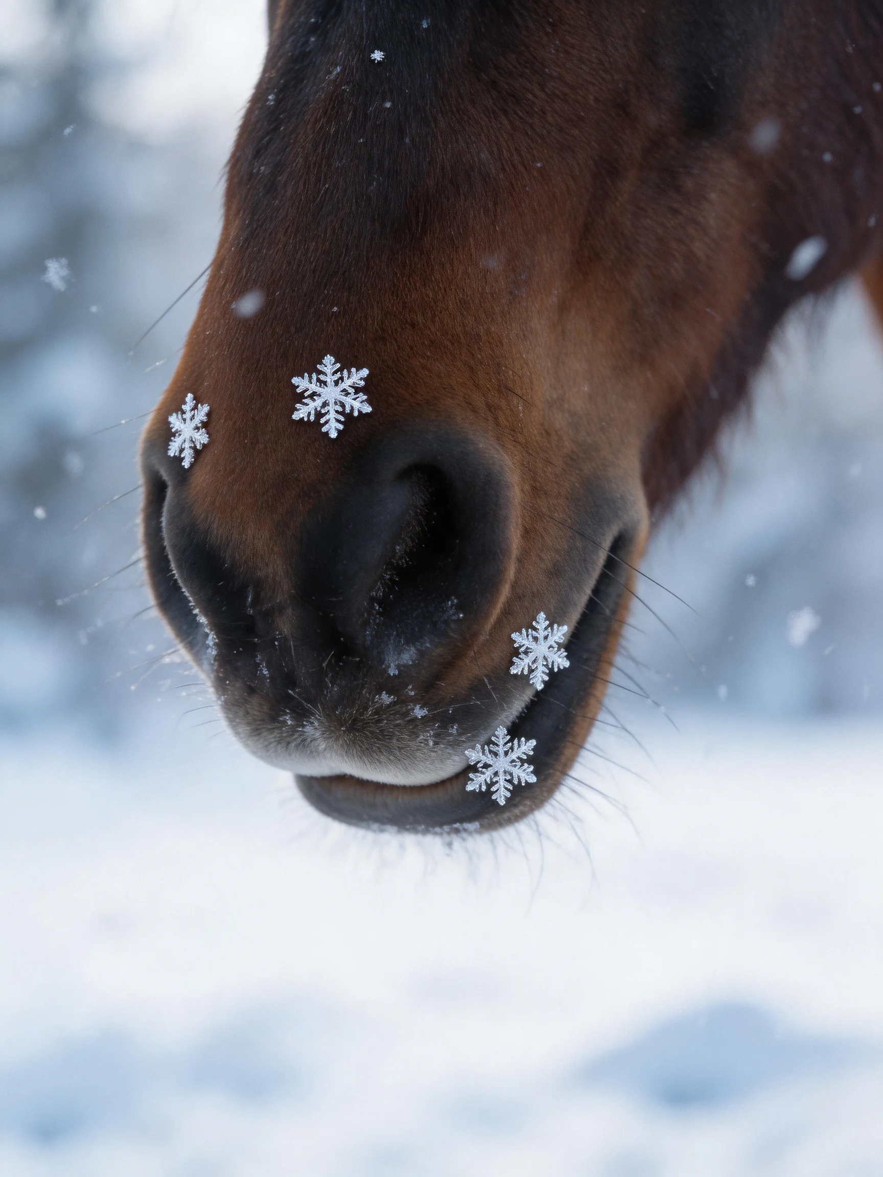 A brown horse’s nose with snowflakes in a snowy winter landscape