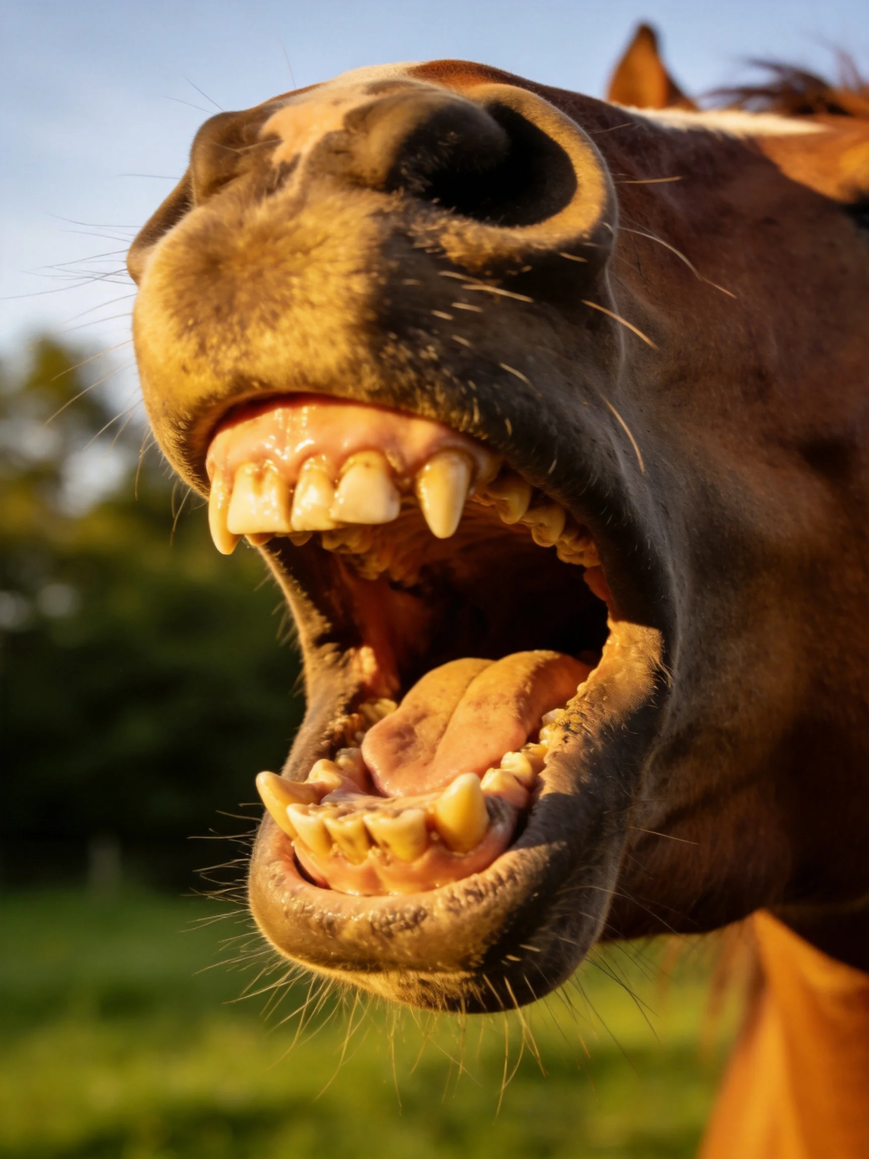 A brown horse’s open mouth displays yellowed teeth in a sunlit meadow