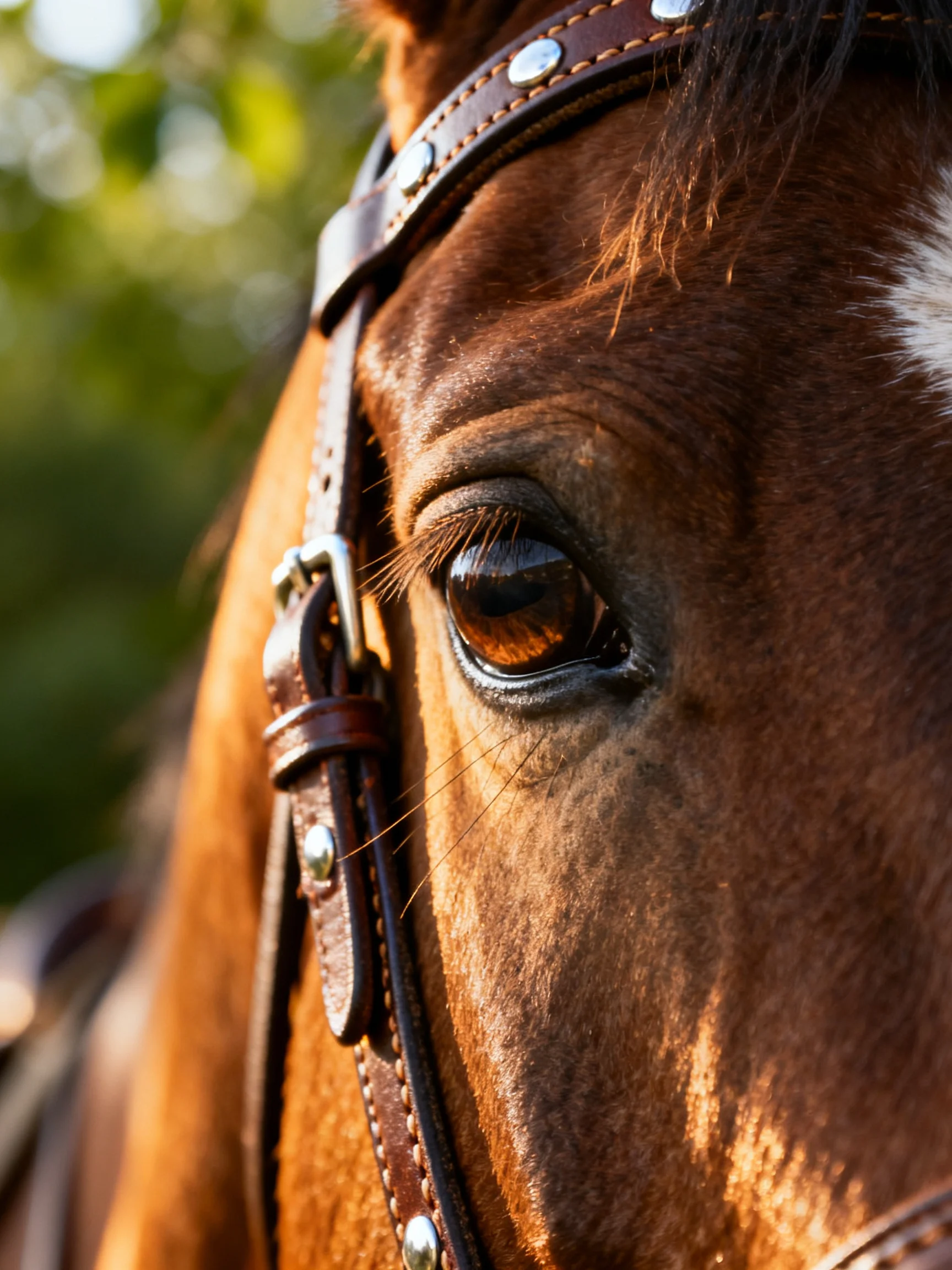 A brown horses eye with a leather bridle in natural light