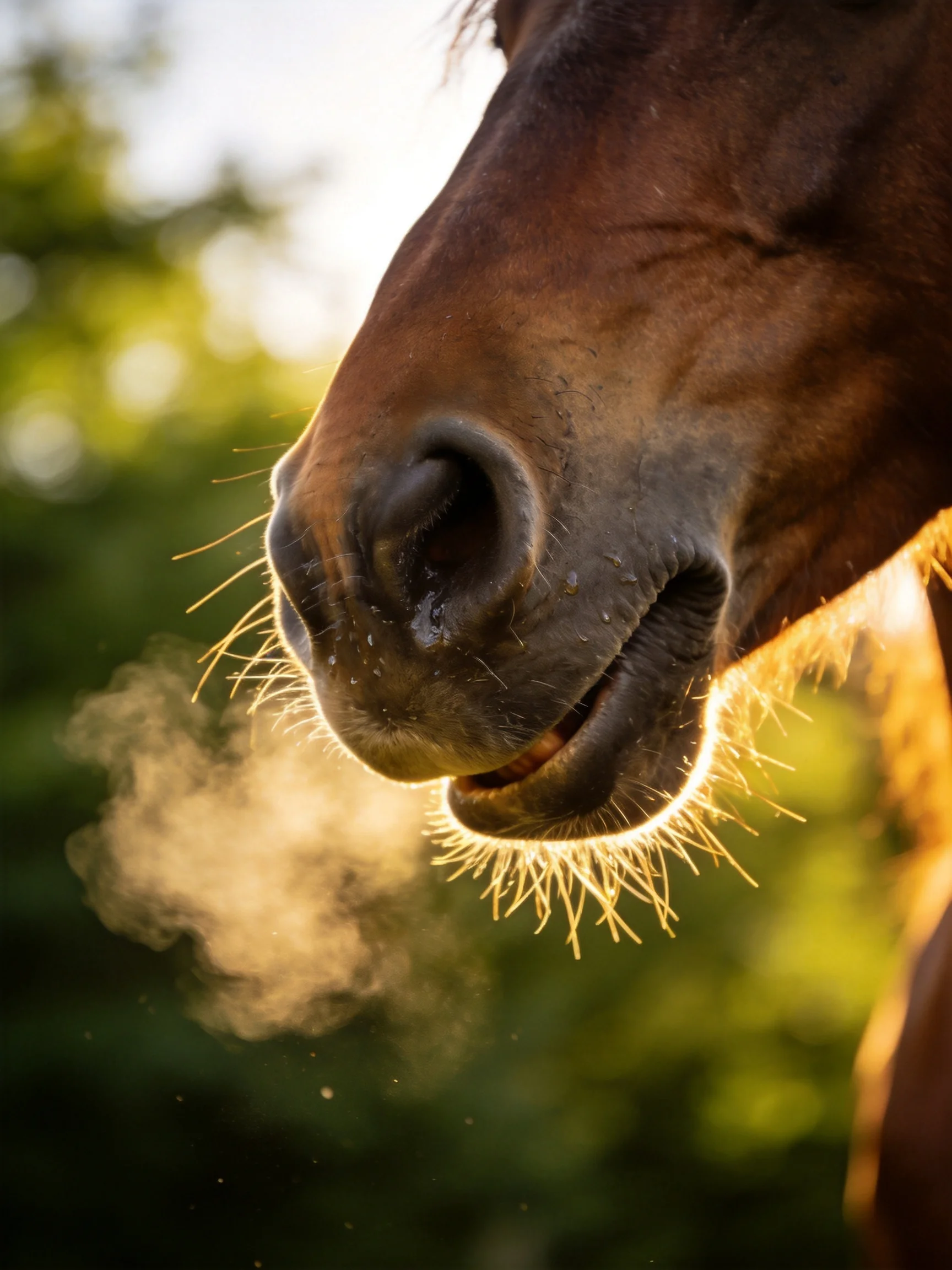 A brown horses muzzle with breath vapor illuminated by warm sunlight