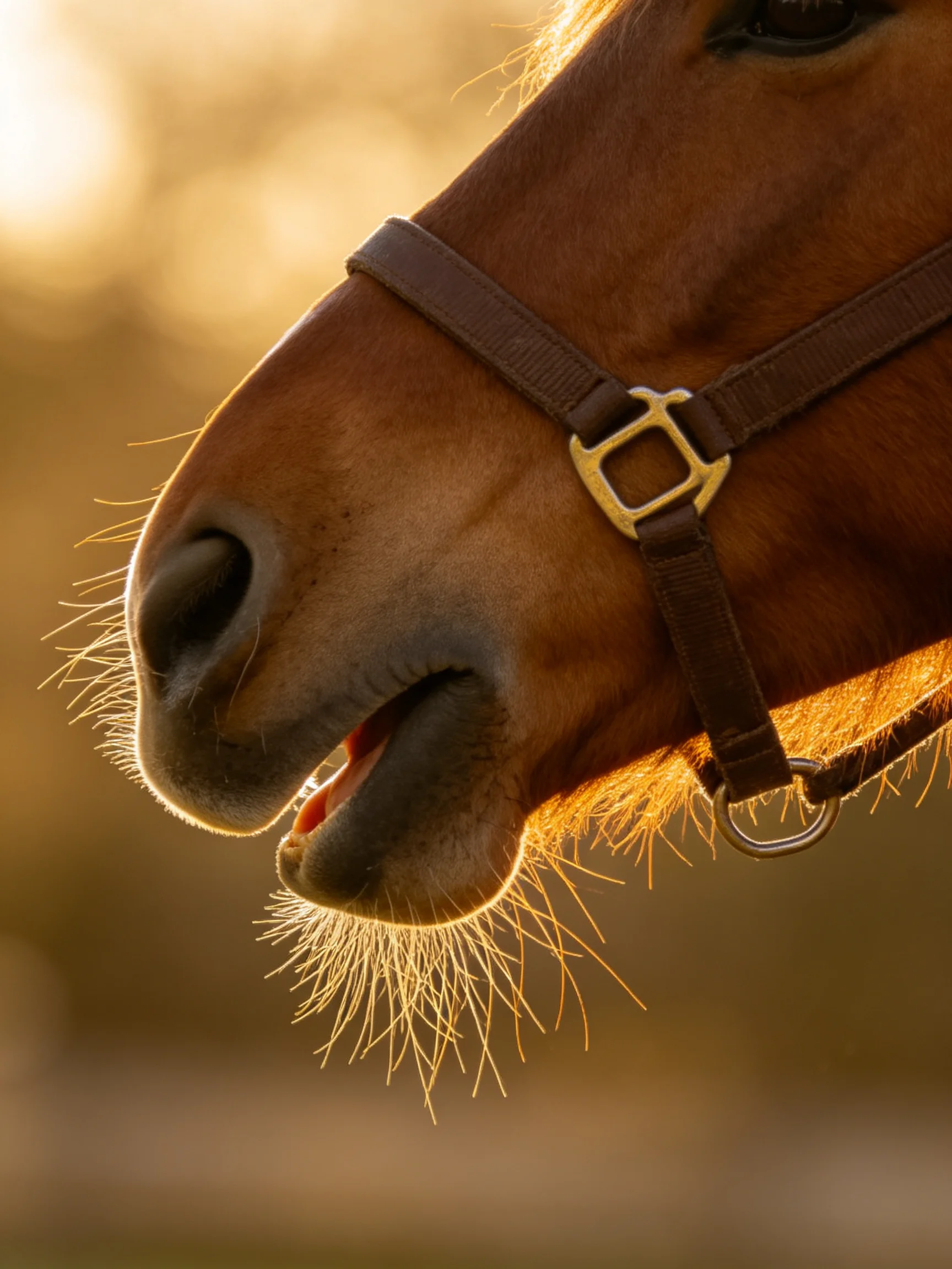 A brown horses muzzle with bridle lit by golden sunlight