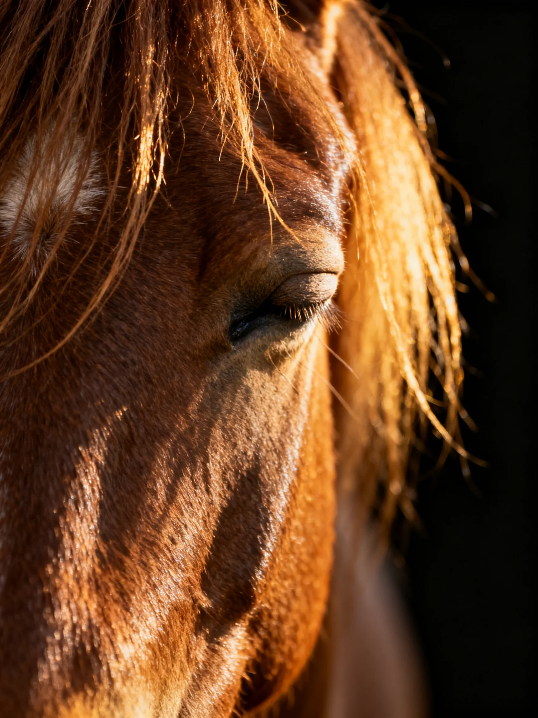 A brown horses tranquil face with golden mane and warm lighting