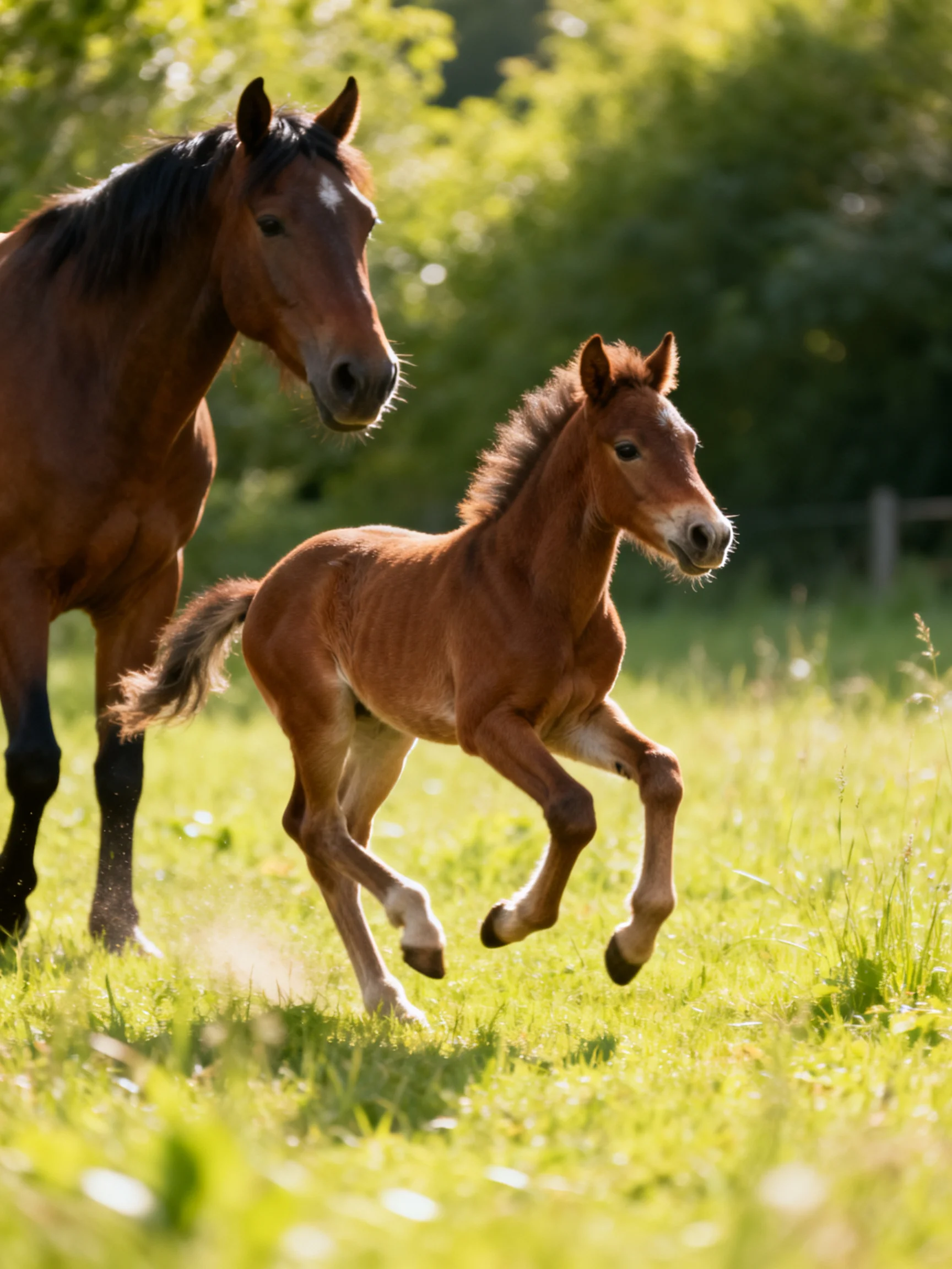 A brown mare and chestnut foal gallop in a sunlit green meadow