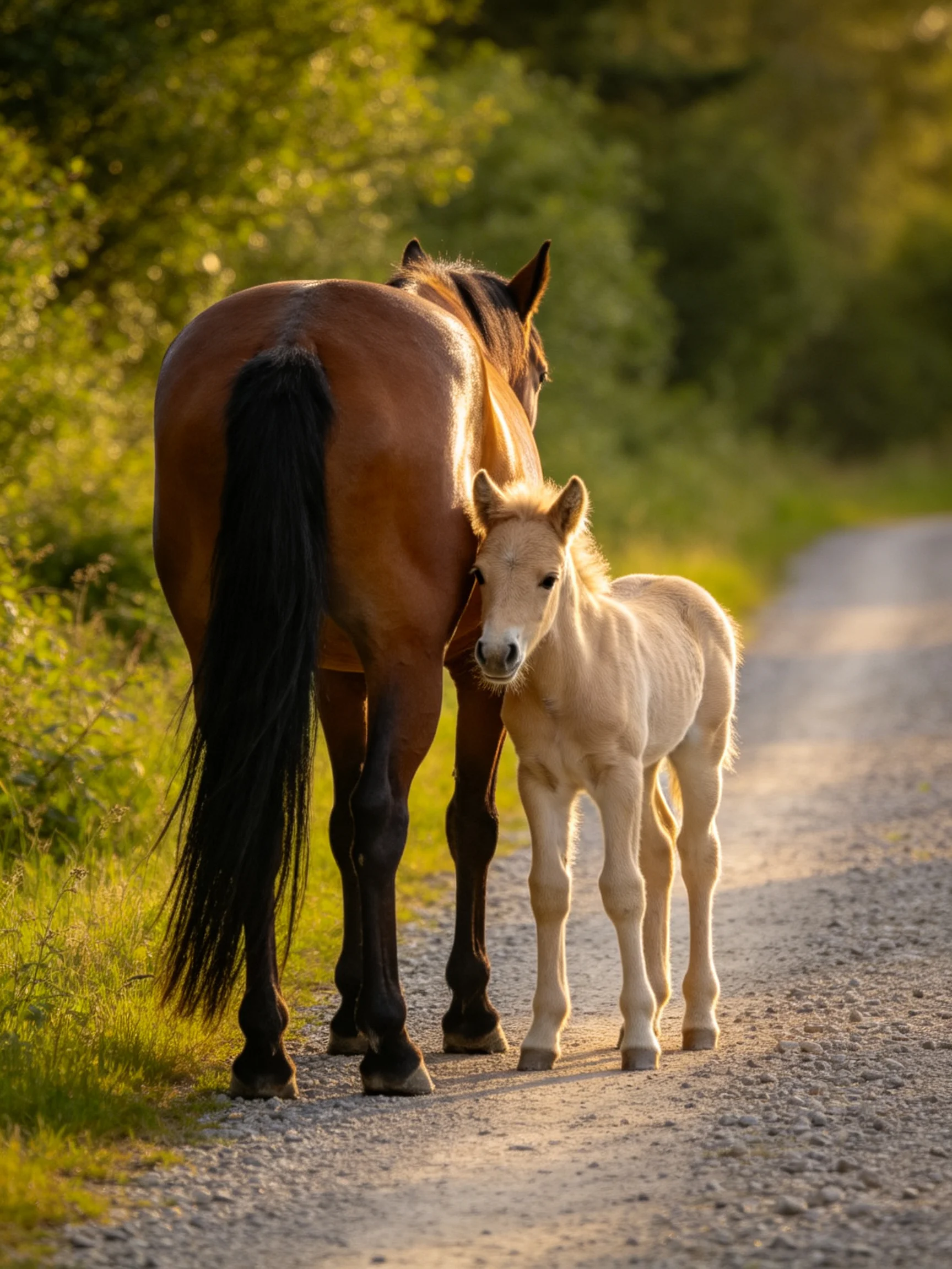 A brown mare and cream - colored foal stroll down a sunlit gravel road