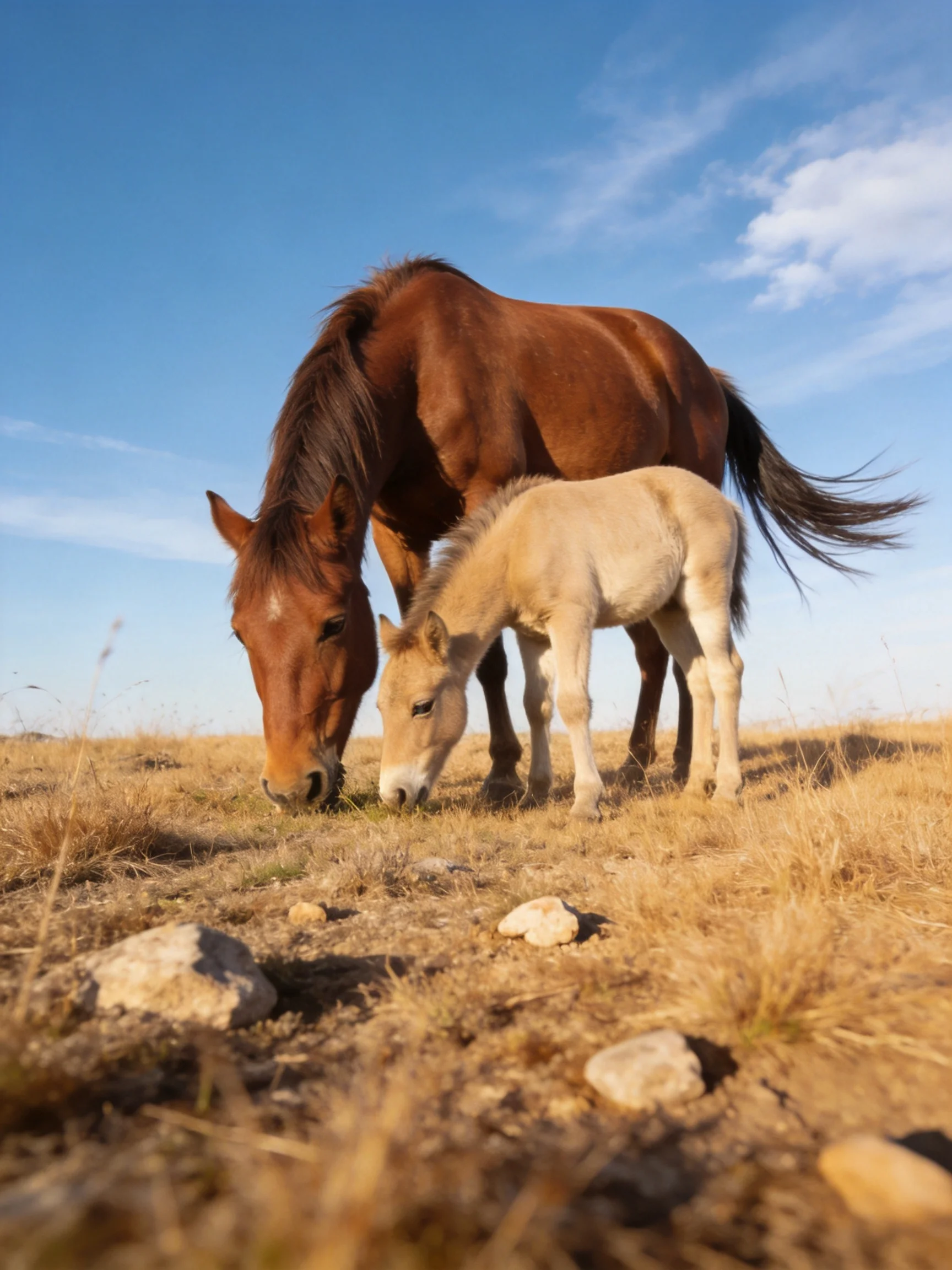 A brown mare and cream foal graze in a golden field under bright blue sky