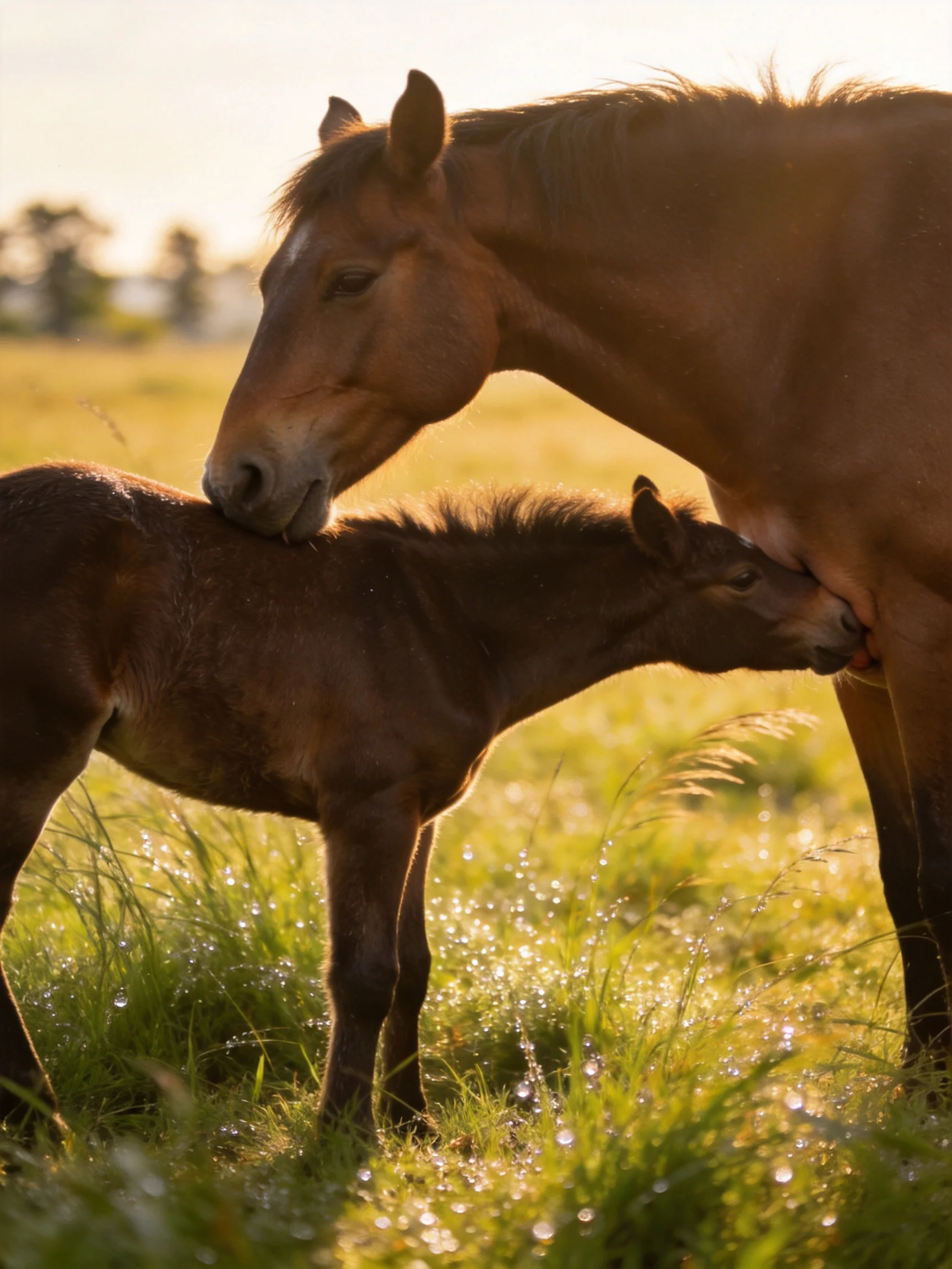 A brown mare and dark-brown foal nuzzle in a dewy green meadow