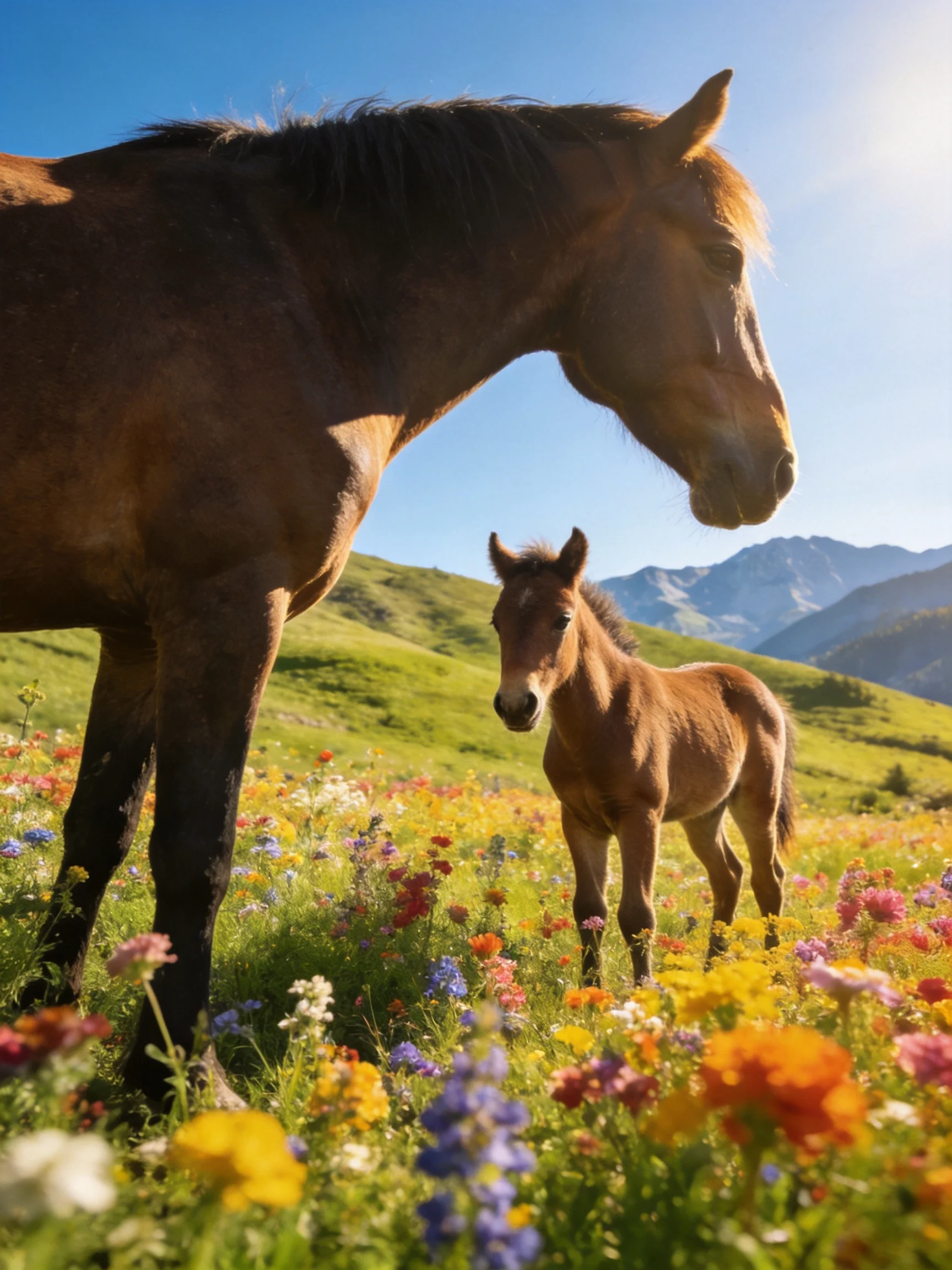A brown mare and foal amid vibrant wildflowers in a sunny meadow