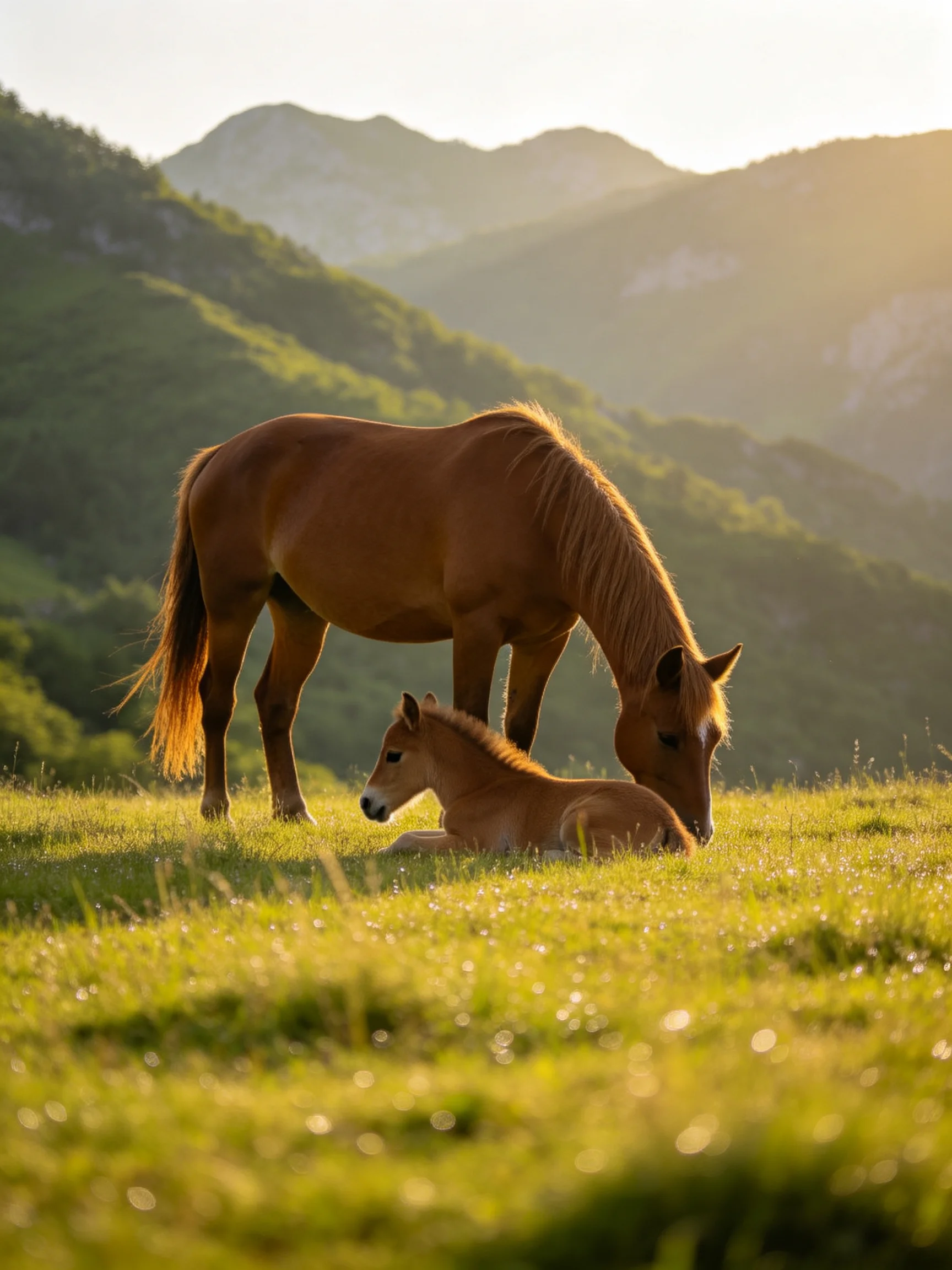 A brown mare and foal graze in a sunlit meadow with misty mountains