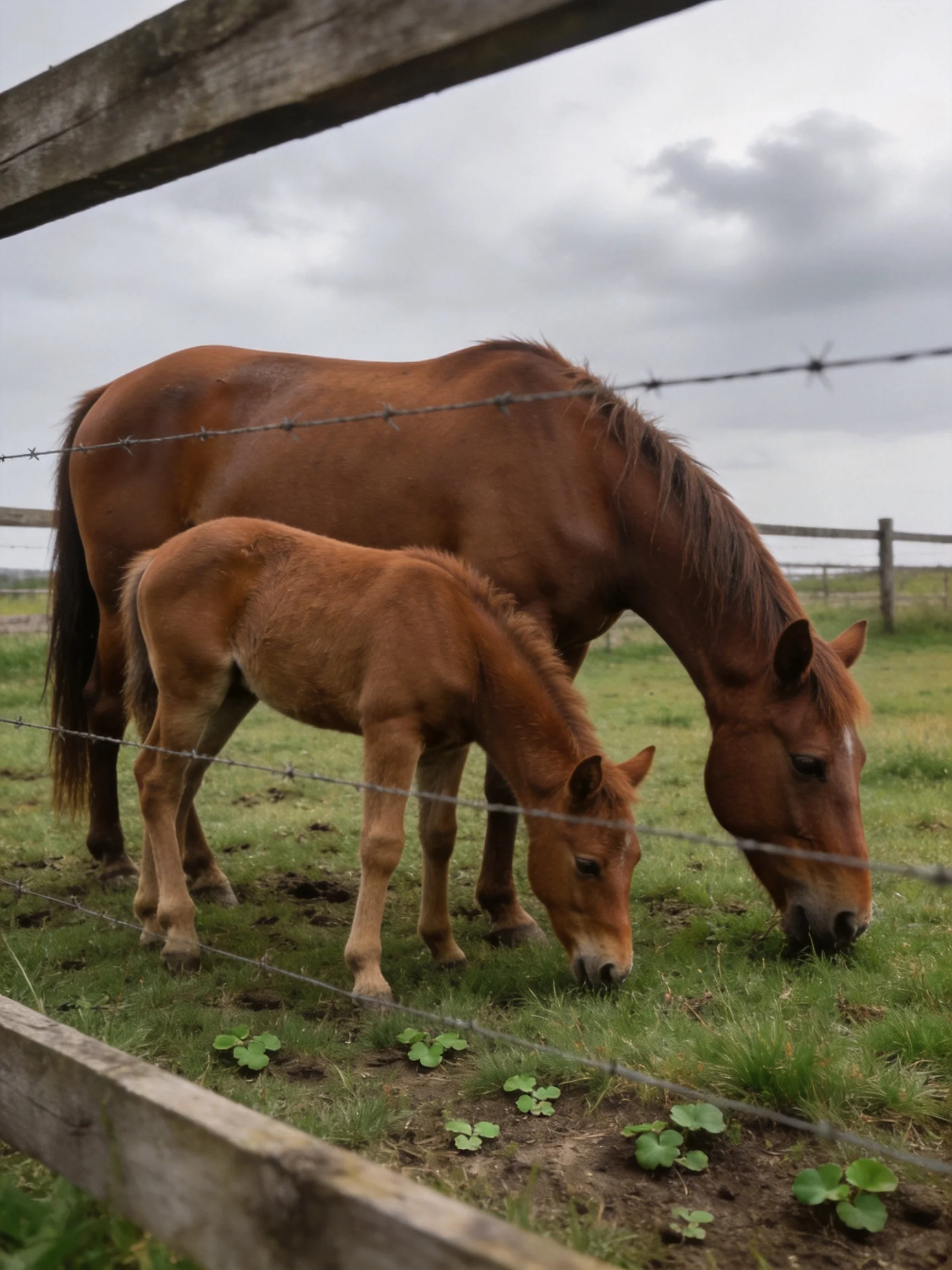 A brown mare and foal graze near a wooden fence in a green pasture