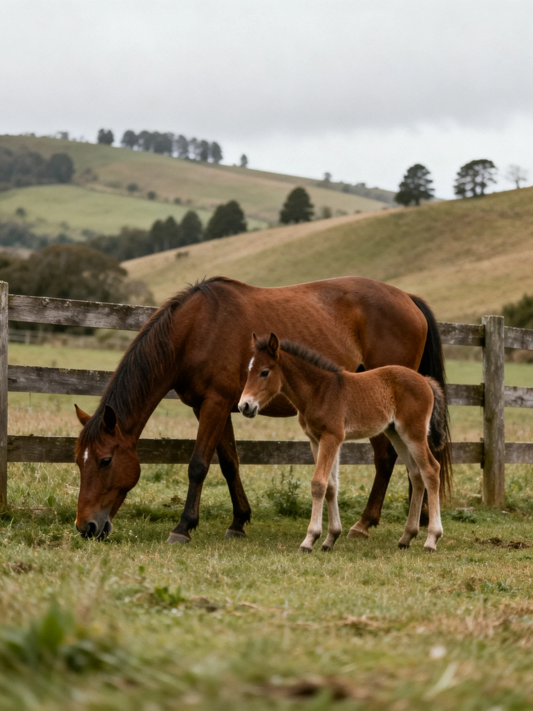 A brown mare and foal graze near a wooden fence in rolling green hills