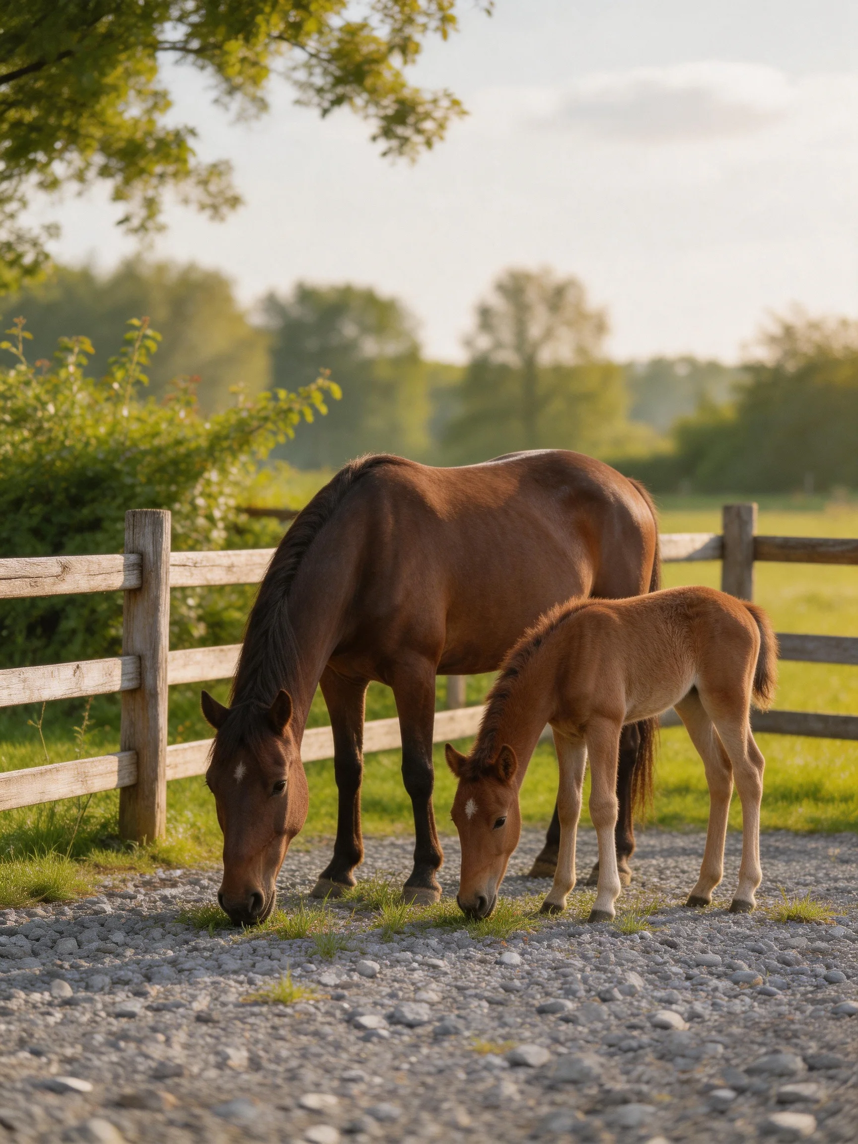 A brown mare and foal graze near a wooden fence on a gravel path