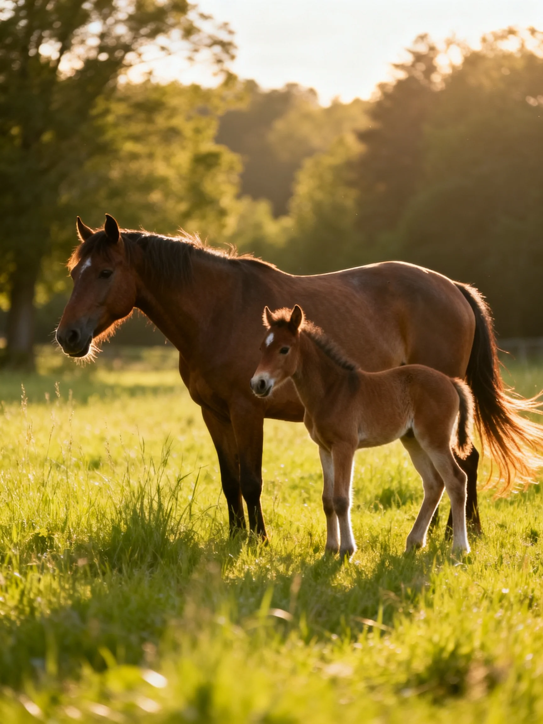 A brown mare and foal in a sunlit green meadow