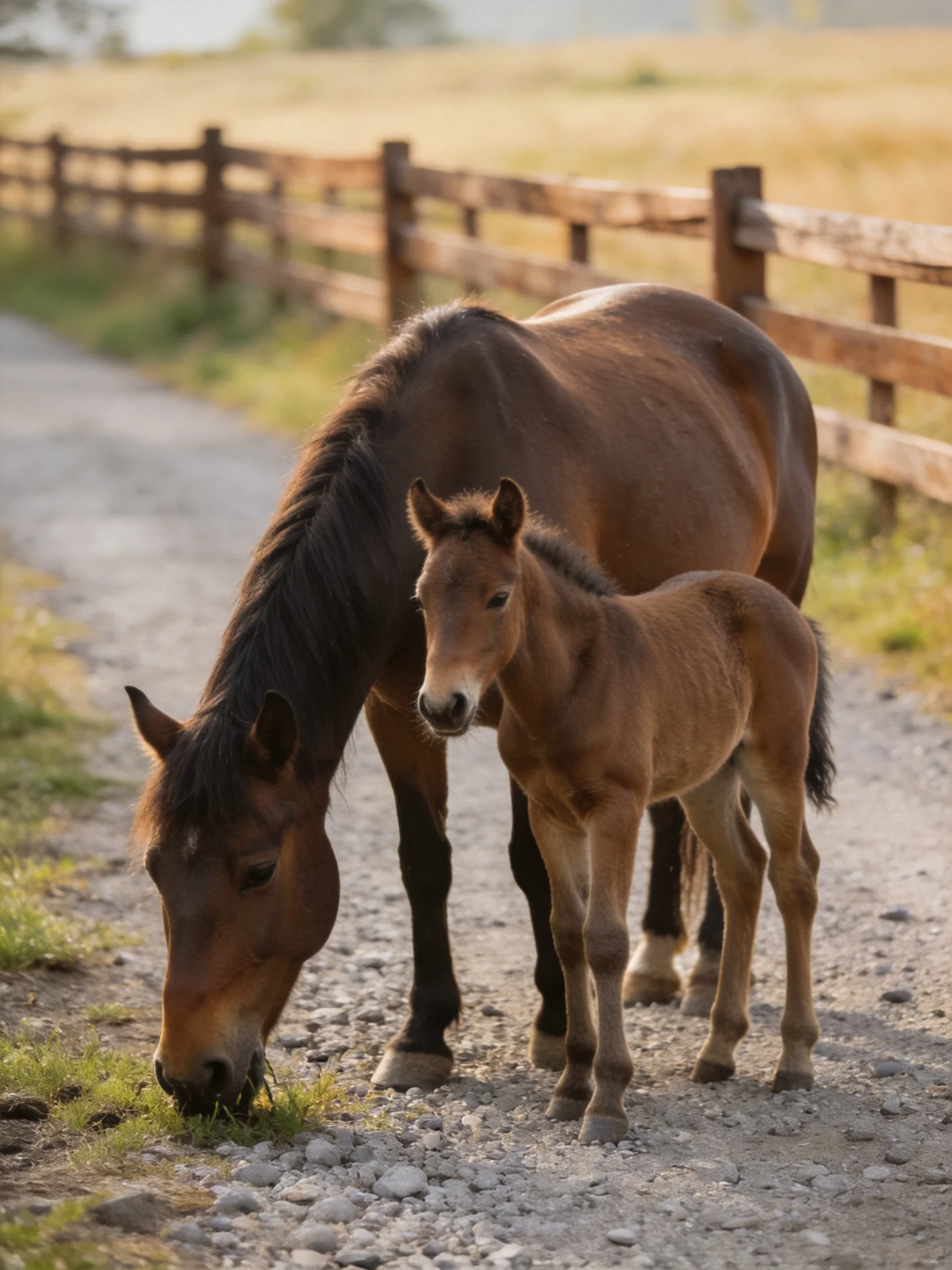 A brown mare and foal near a wooden fence on a gravel path