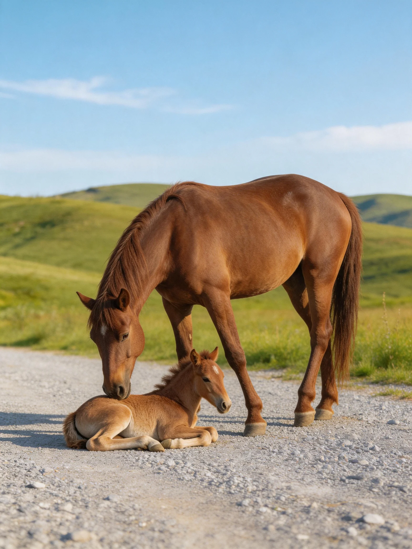 A brown mare and foal rest on a gravel path near rolling green hills