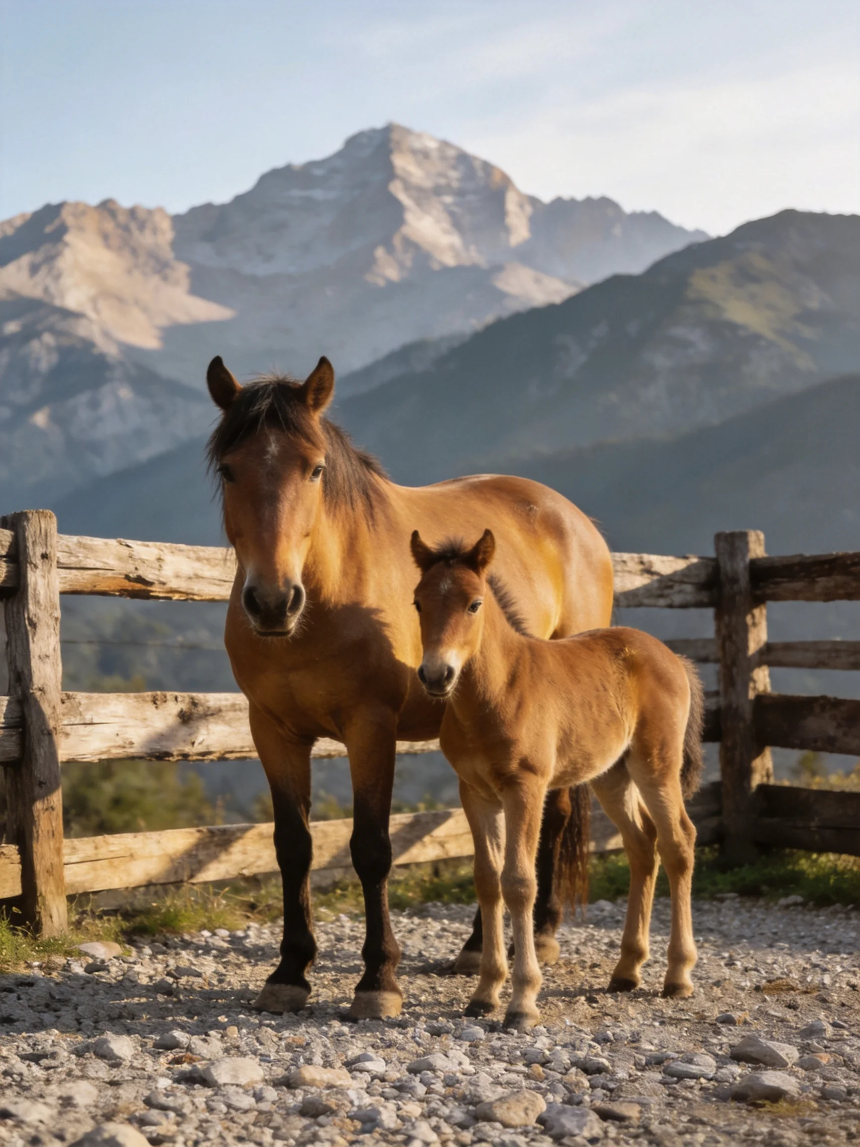 An adult brown horse and young foal stand beside a wooden fence with mountains in the distance.