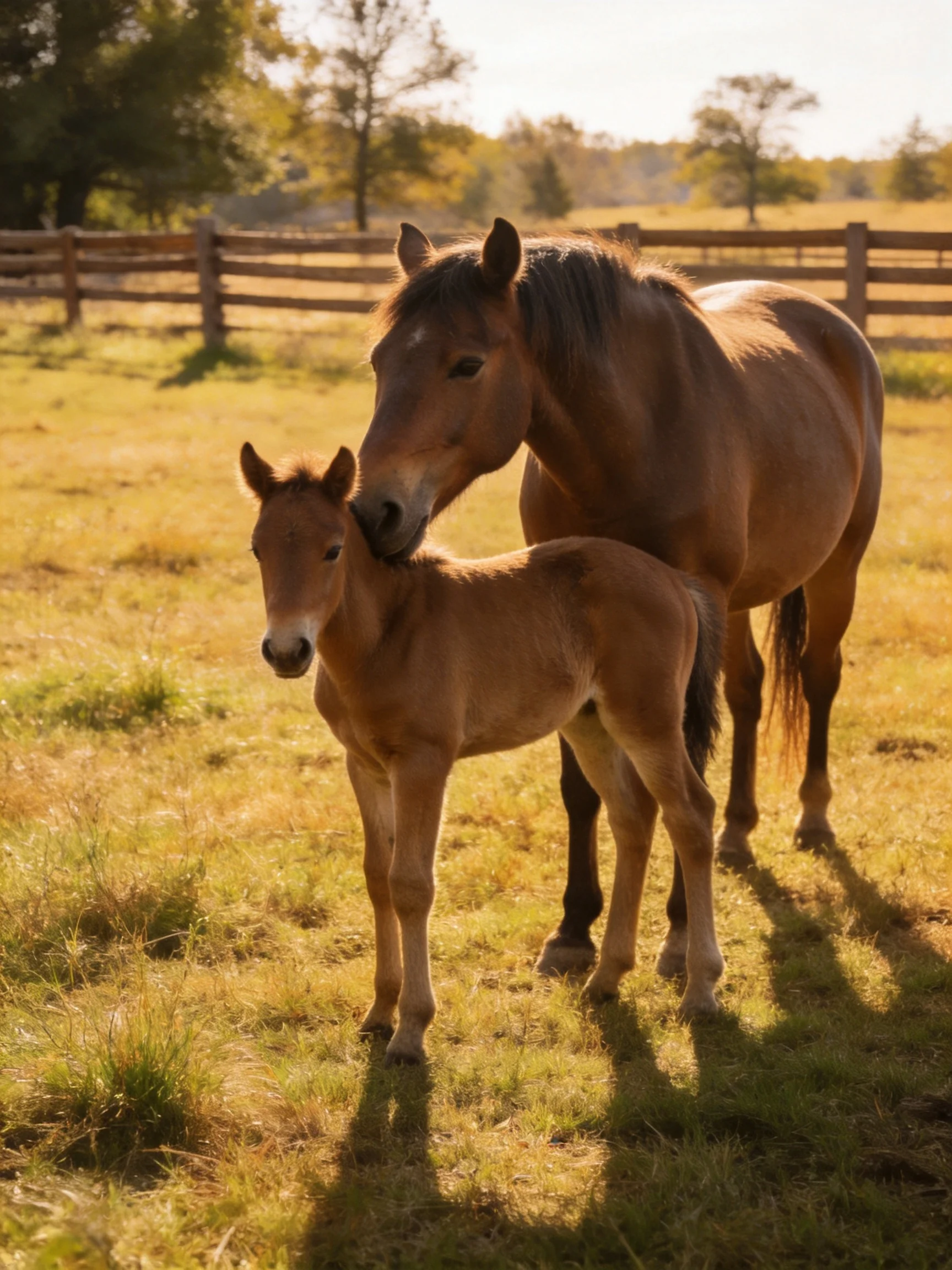 A brown mare and her foal in a sunlit pasture