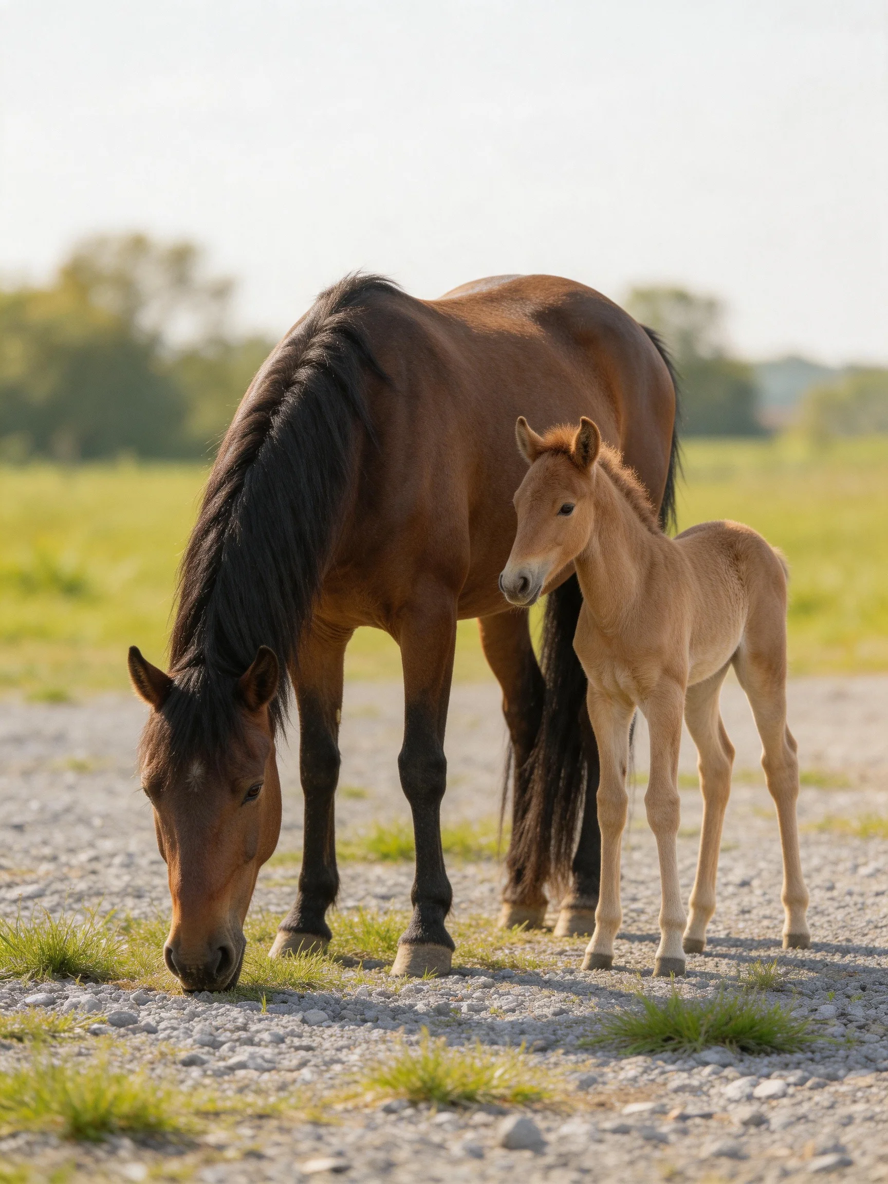 A brown mare and her tan foal graze together on a gravel path.