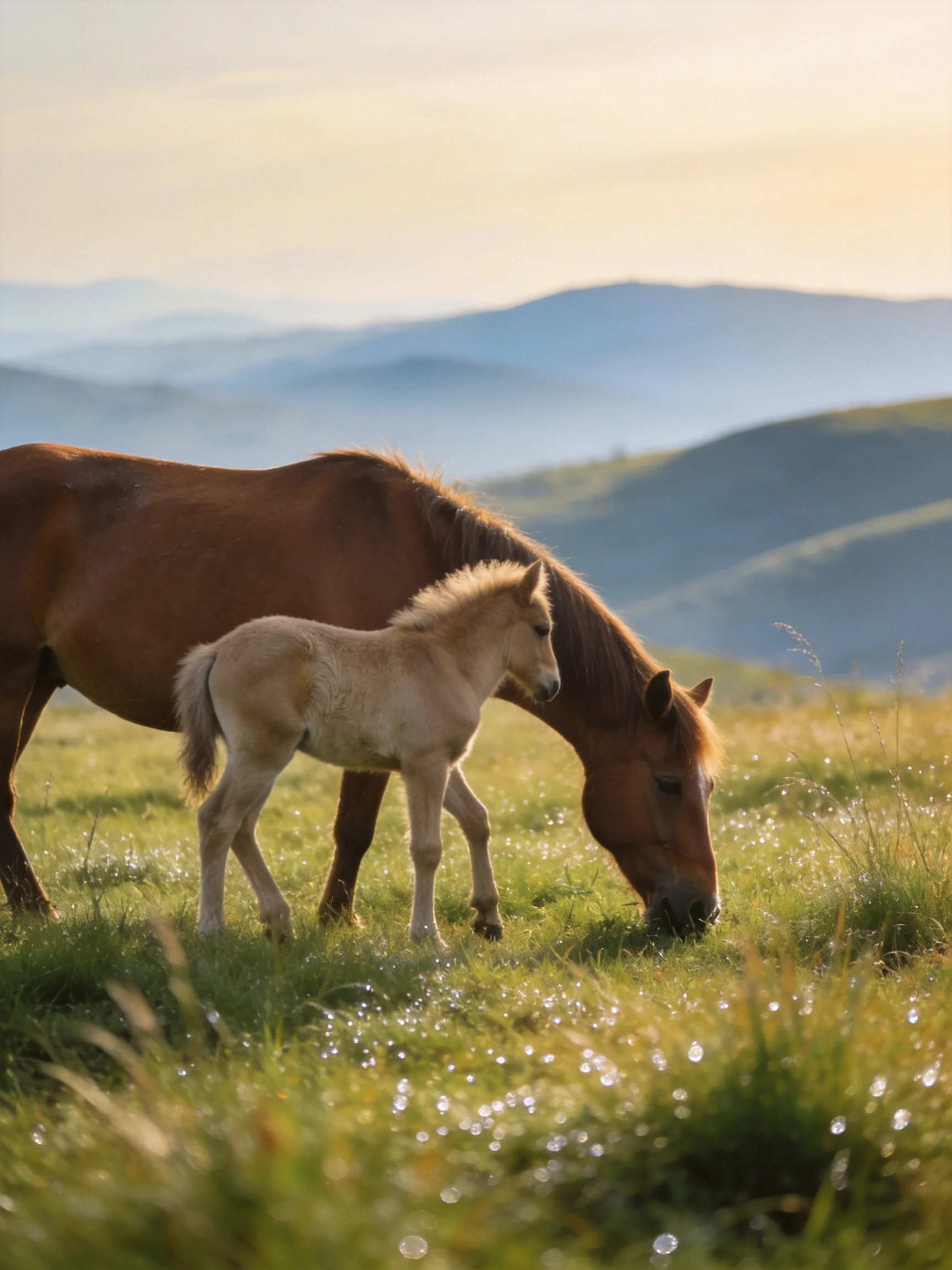 A brown mare and tan foal graze in a dewy green meadow with misty hills