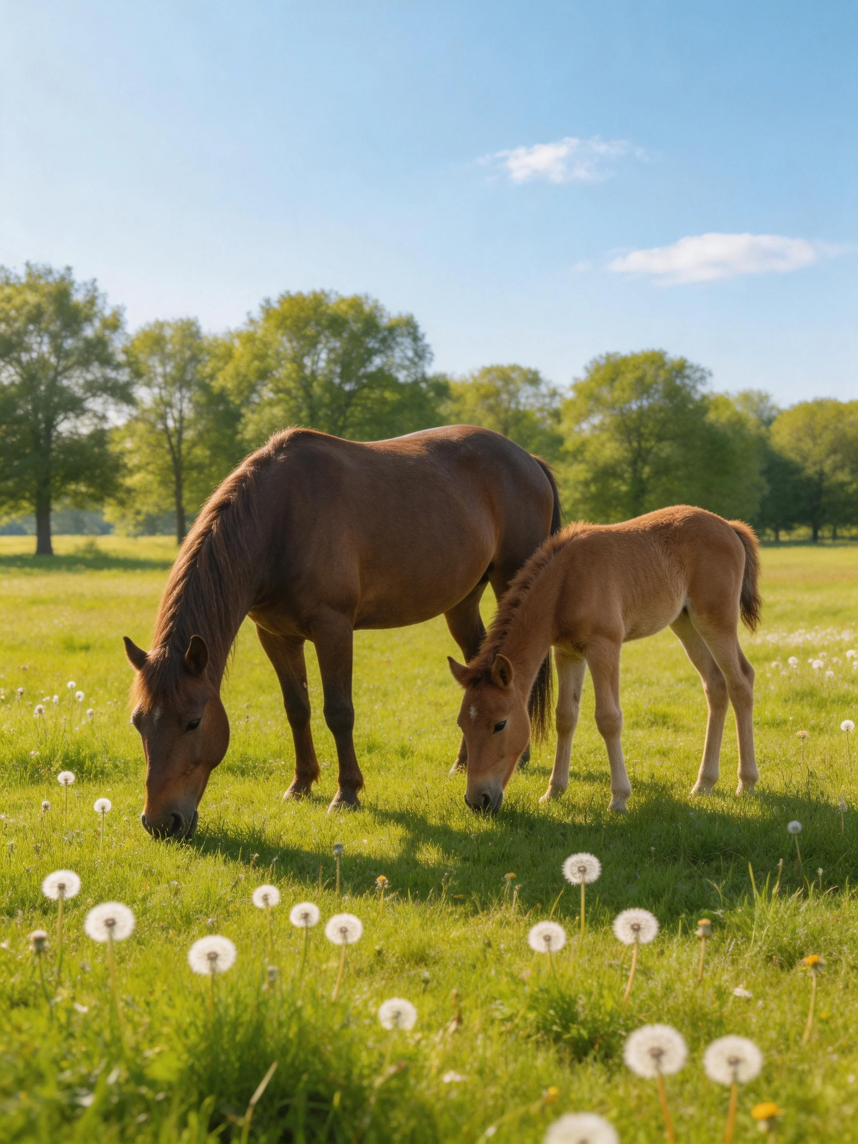A brown mare and tan foal graze in a lush green meadow