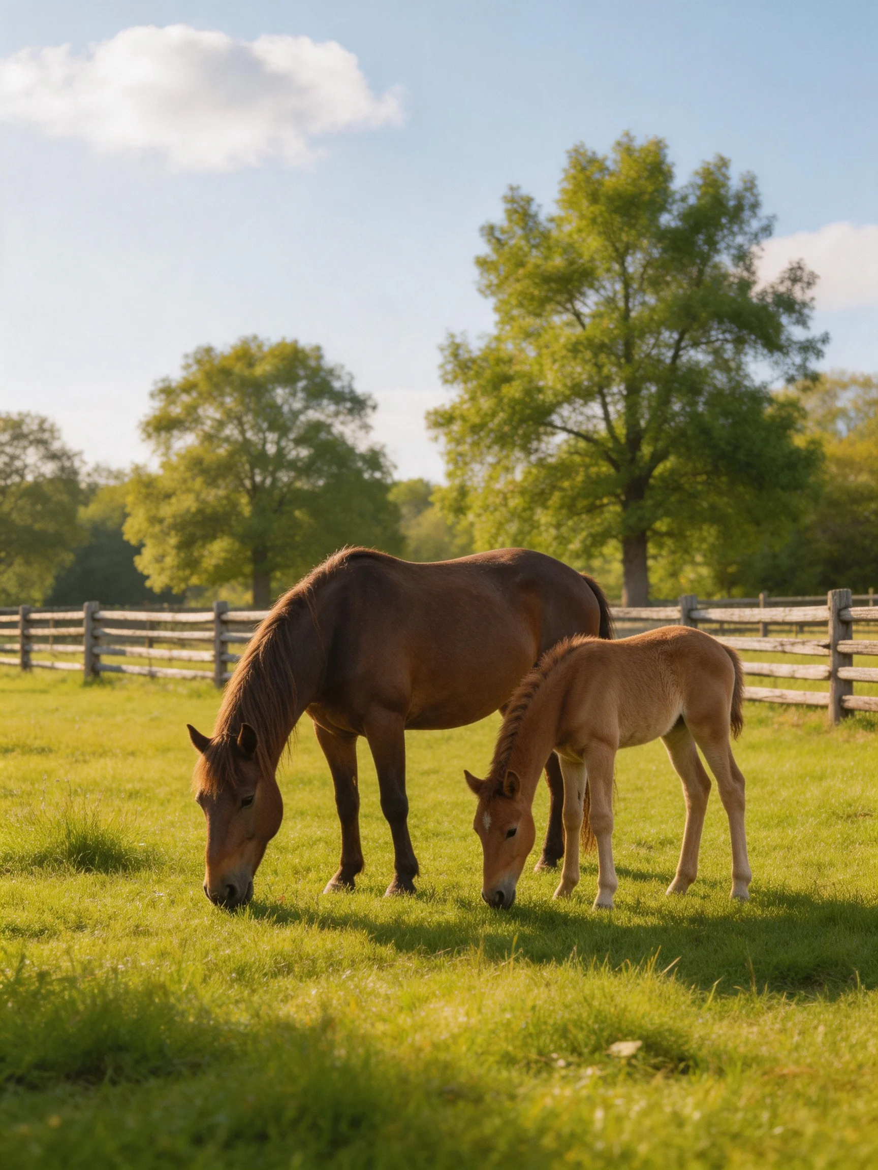 A brown mare and tan foal graze in a lush green pasture with wooden fences