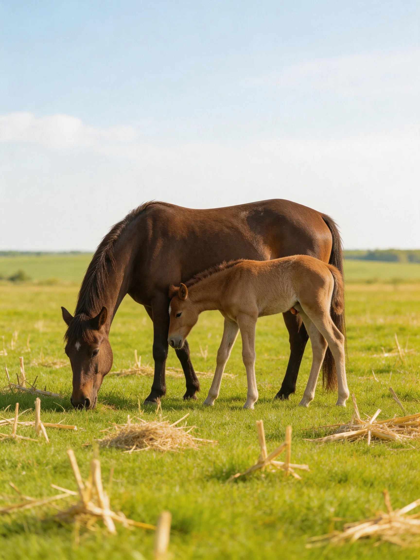A brown mare and tan foal graze in a sunlit green pasture