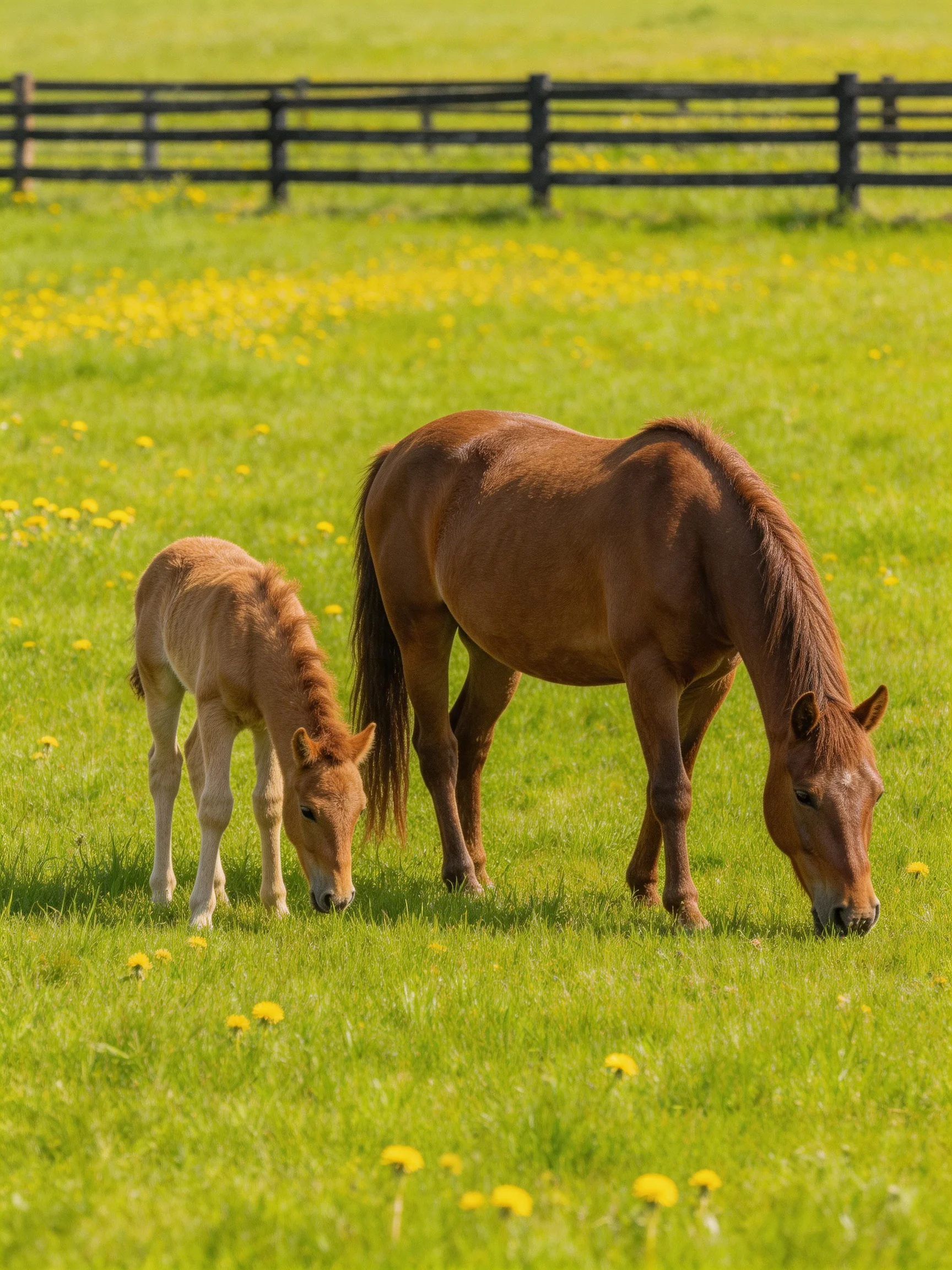 A brown mare and tan foal graze in a vibrant green meadow with yellow wildflowers