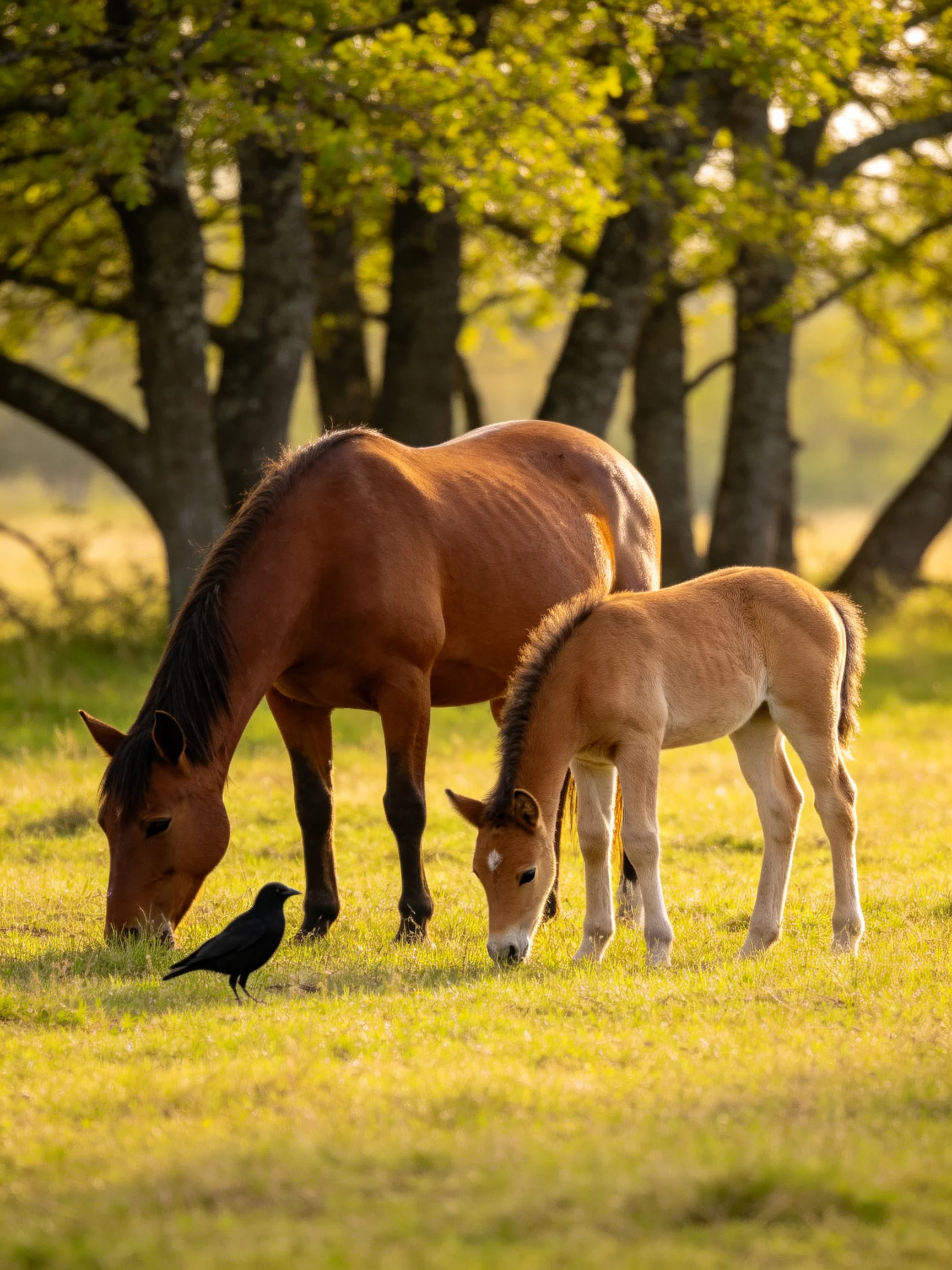 A brown mare and tan foal graze near a black bird in a sunlit meadow
