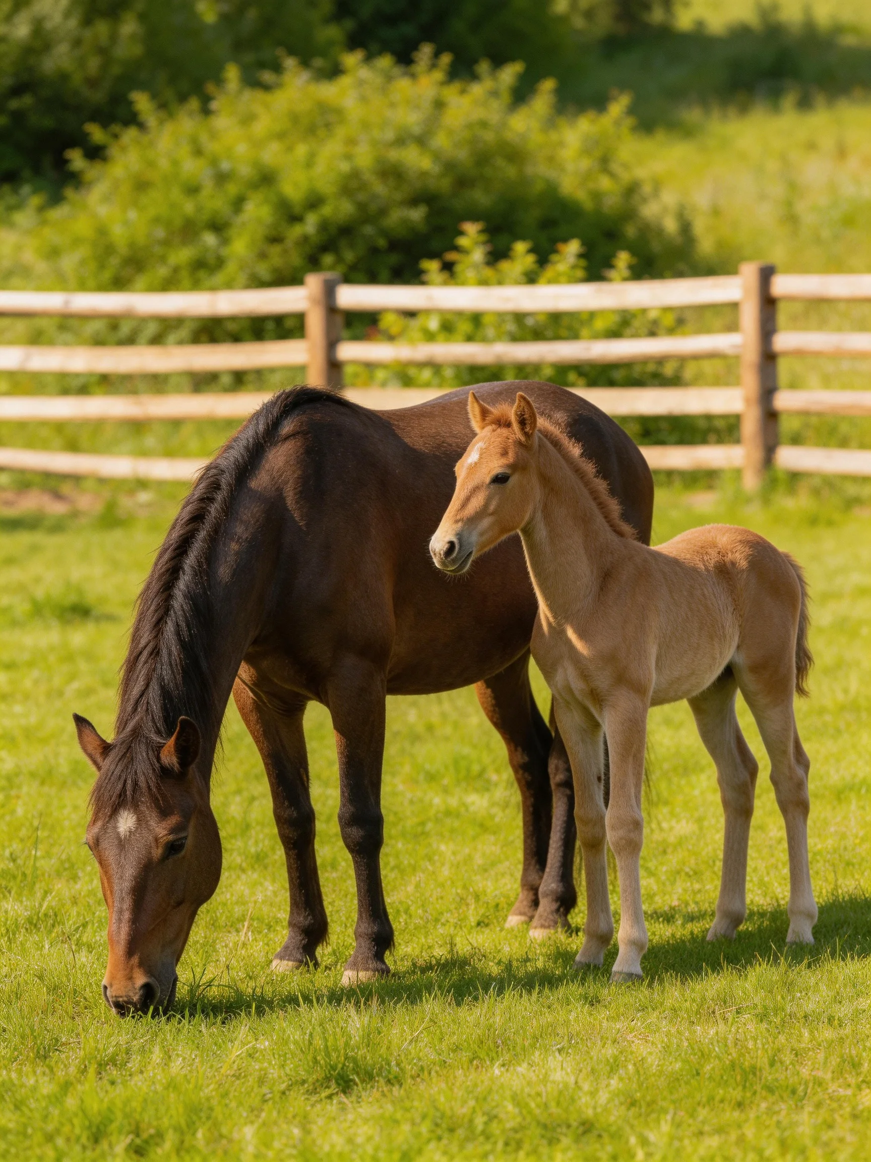 A brown mare and tan foal graze near a wooden fence in a green pasture