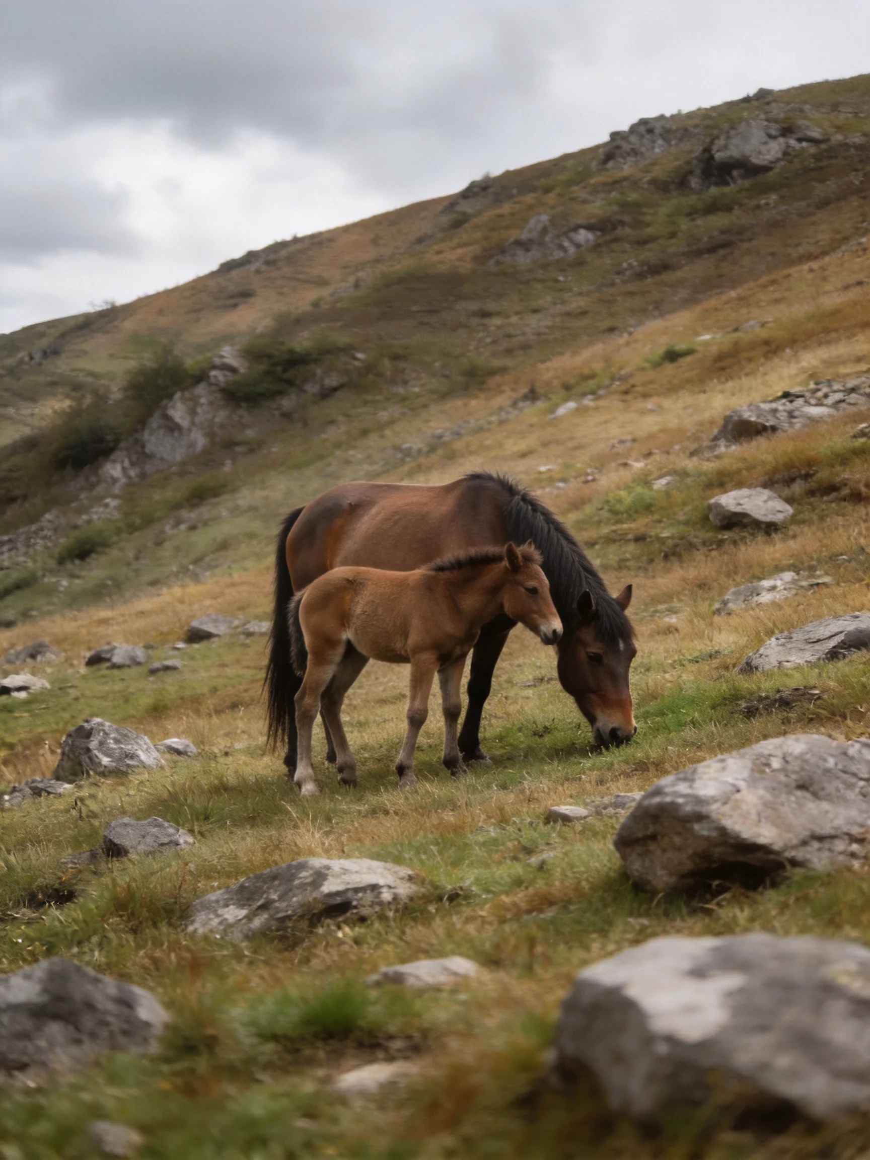 A brown mare and tan foal graze near rocks on a hilly landscape