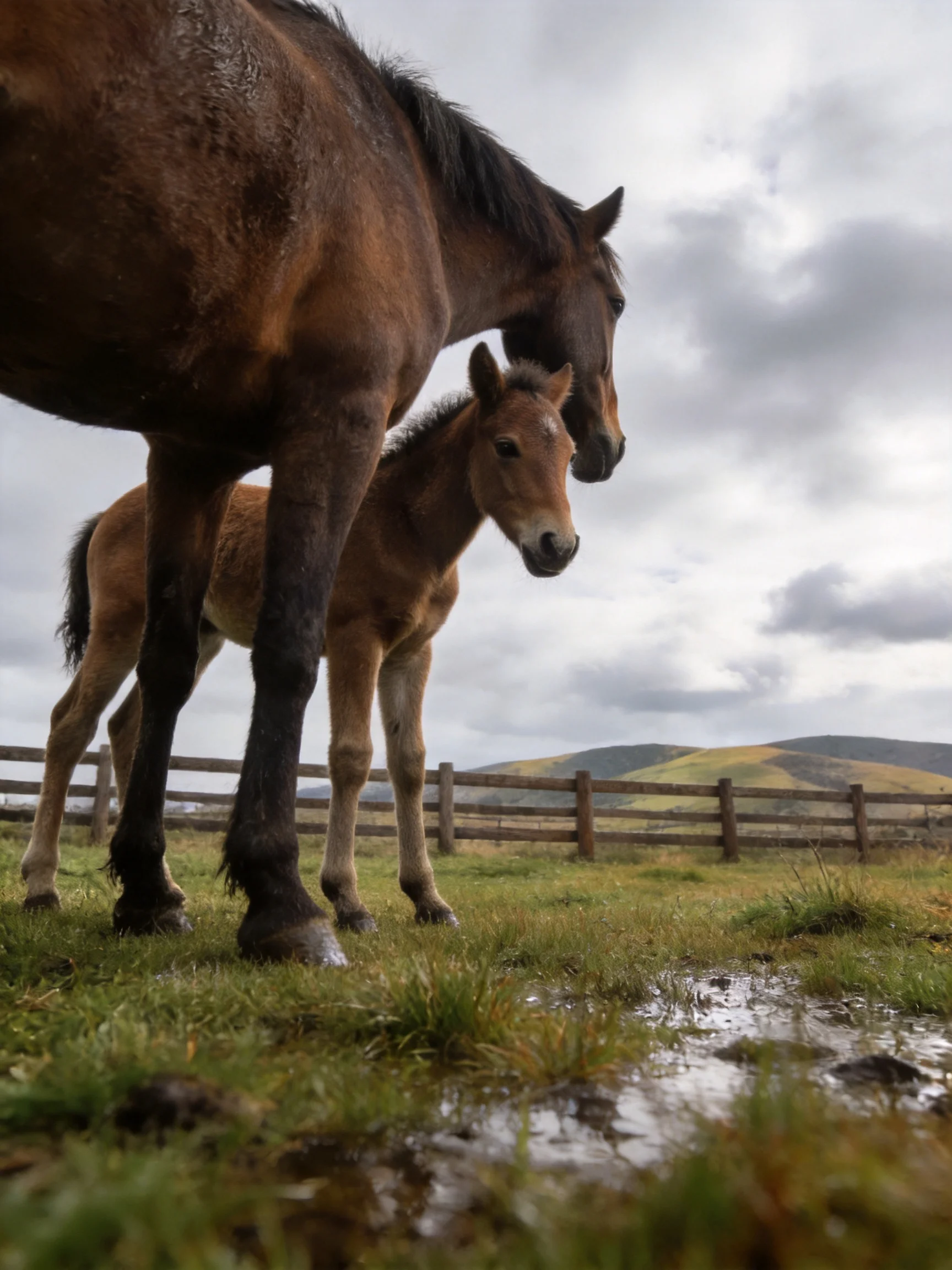 A brown mare and tan foal in a grassy field near a wooden fence