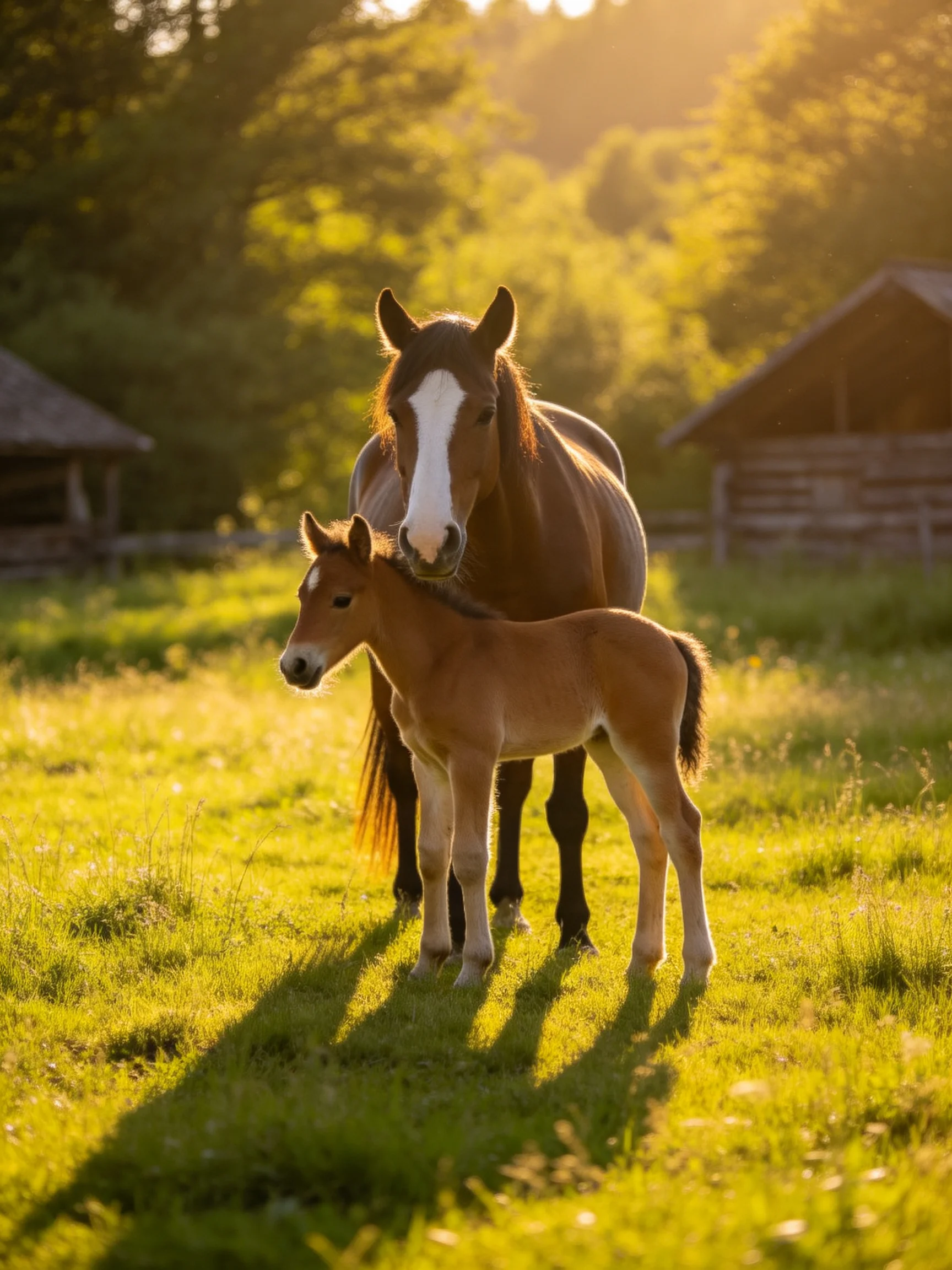 A brown mare stands beside her foal in a sunlit pasture.