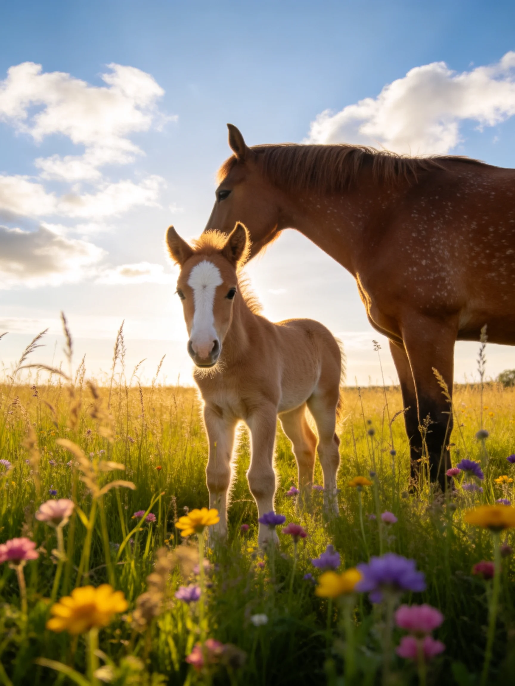 A brown mare and tan foal in a vibrant flower-filled meadow under sunny skies