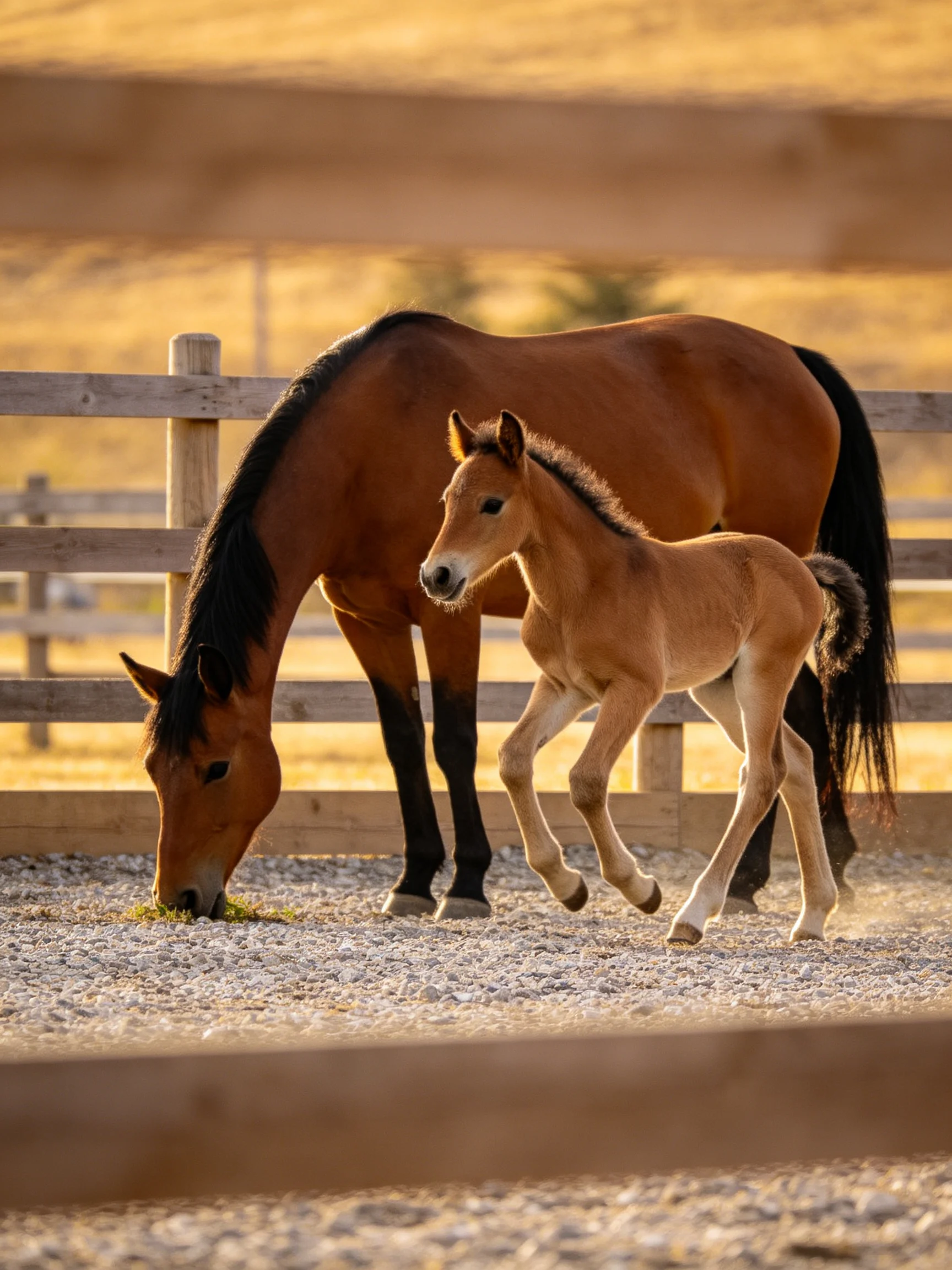 A brown mare and tan foal near a wooden fence on gravel