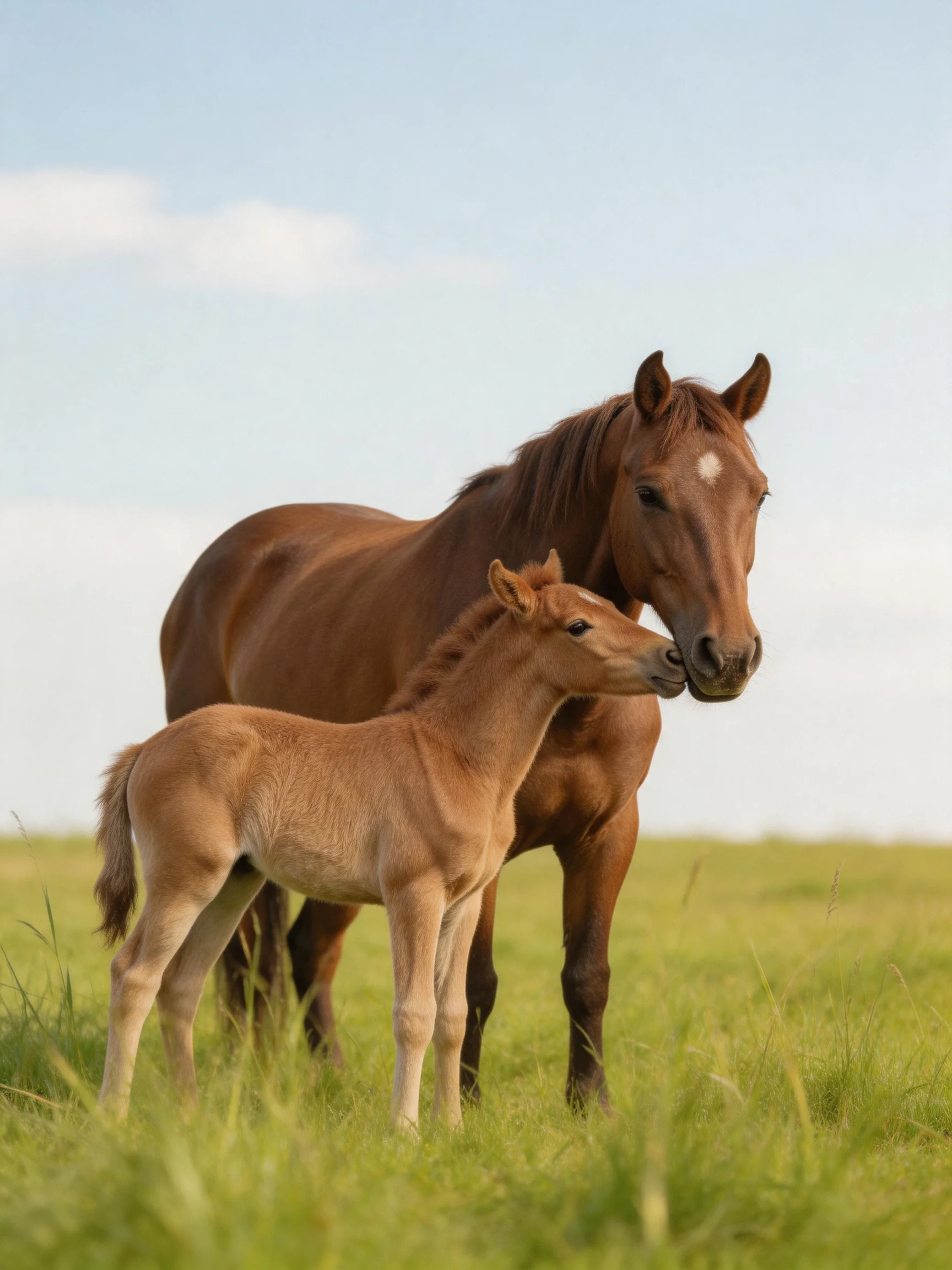 A brown mare and tan foal stand in a lush green meadow