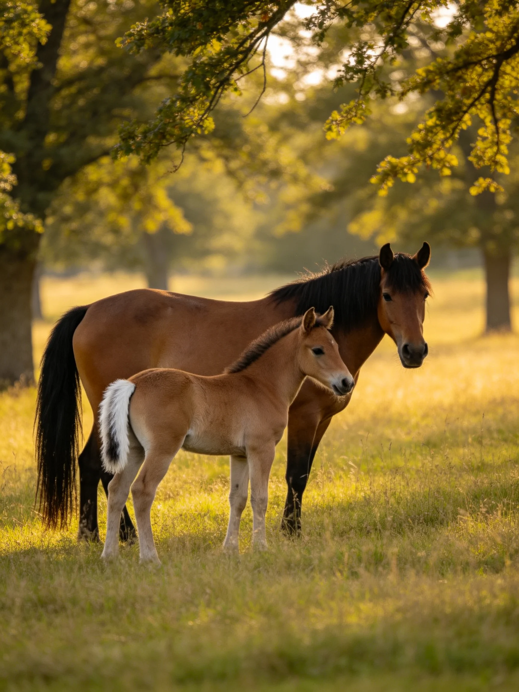 A brown mare and tan foal stand in a sunlit grassy meadow with trees
