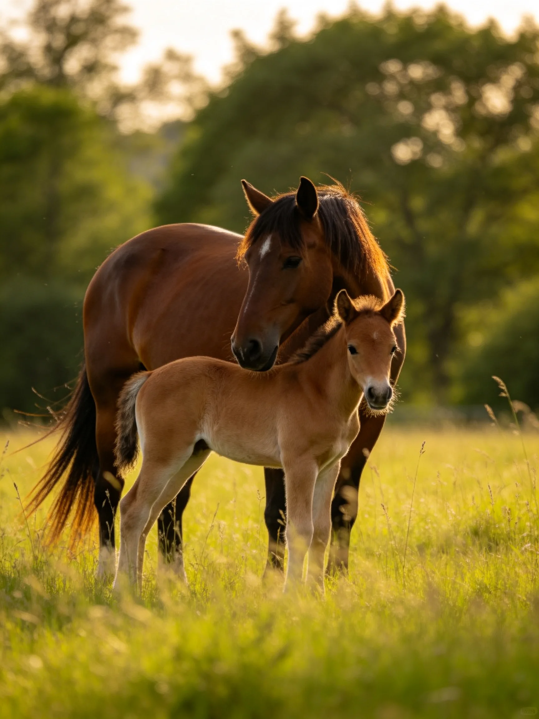 A brown mare and tan foal stand in a sunlit green meadow