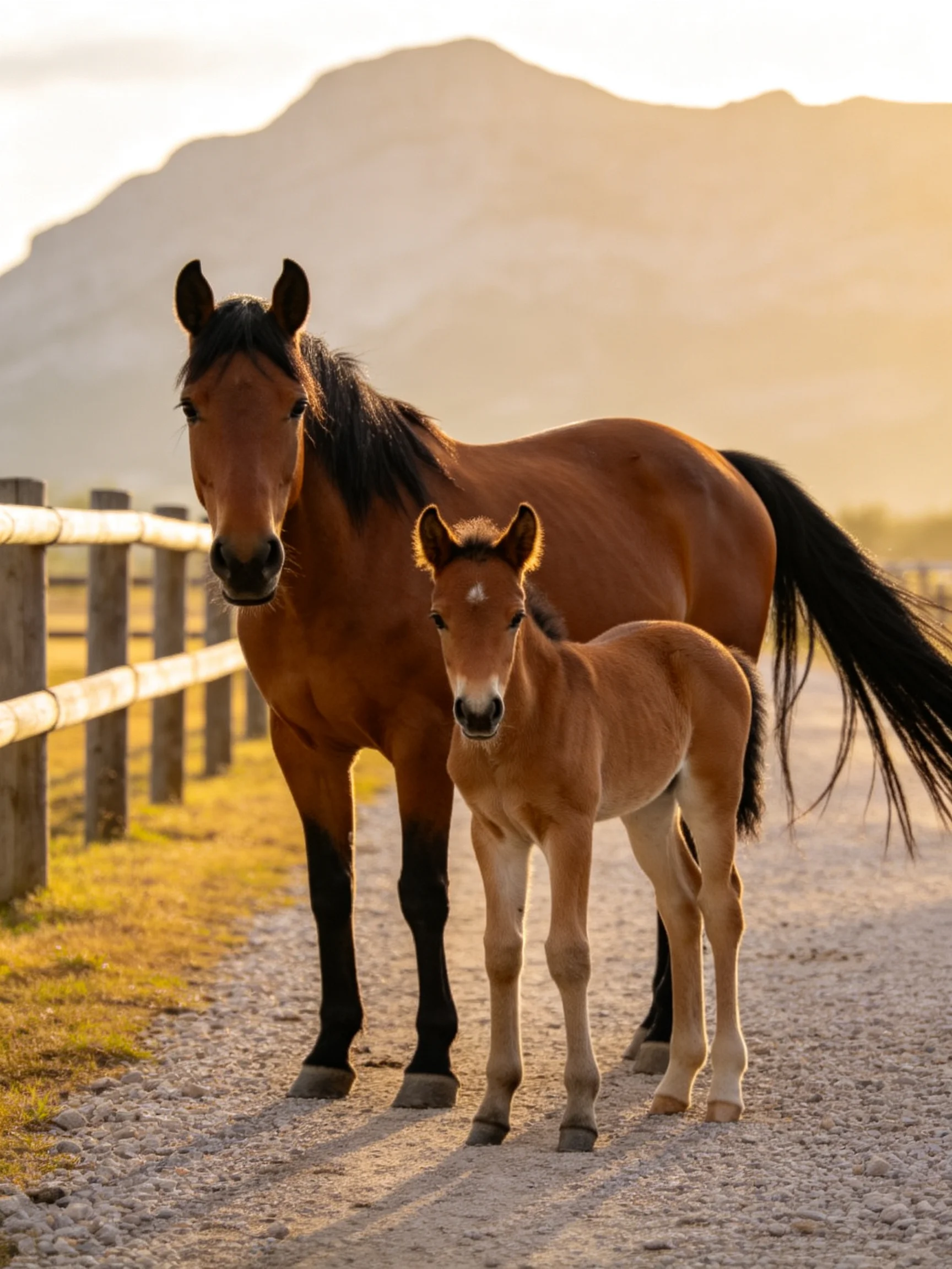 A brown mare and tan foal stand near a wooden fence with distant mountains