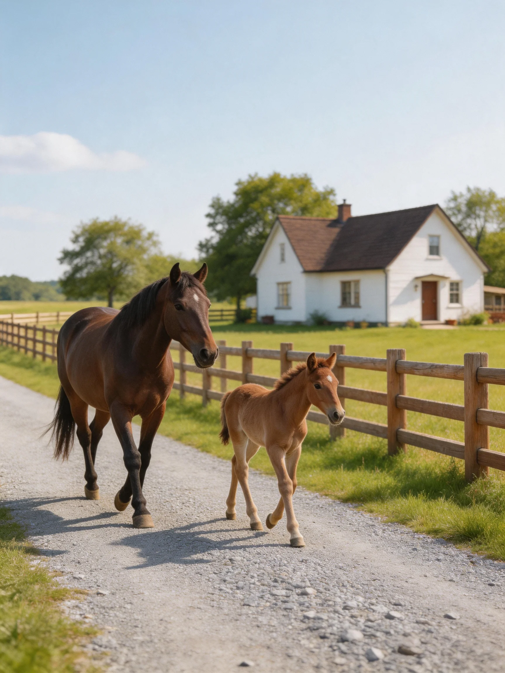 A brown mare and tan foal walk along a gravel path near a white farmhouse