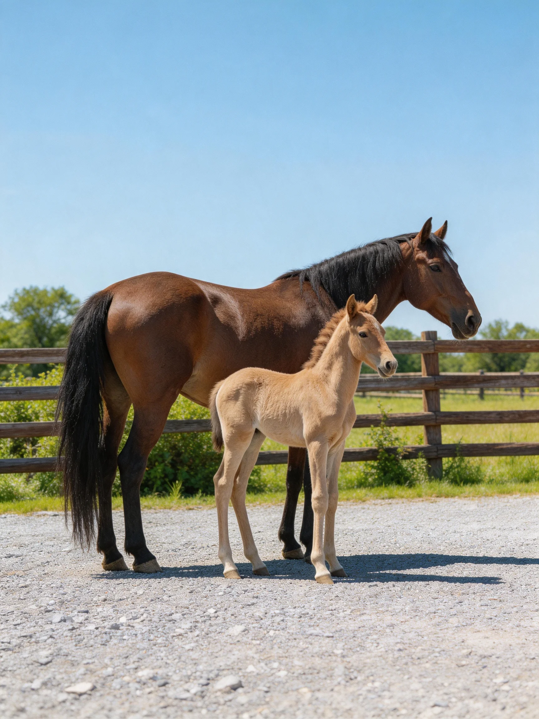A brown mare stands beside a tan foal near a wooden fence