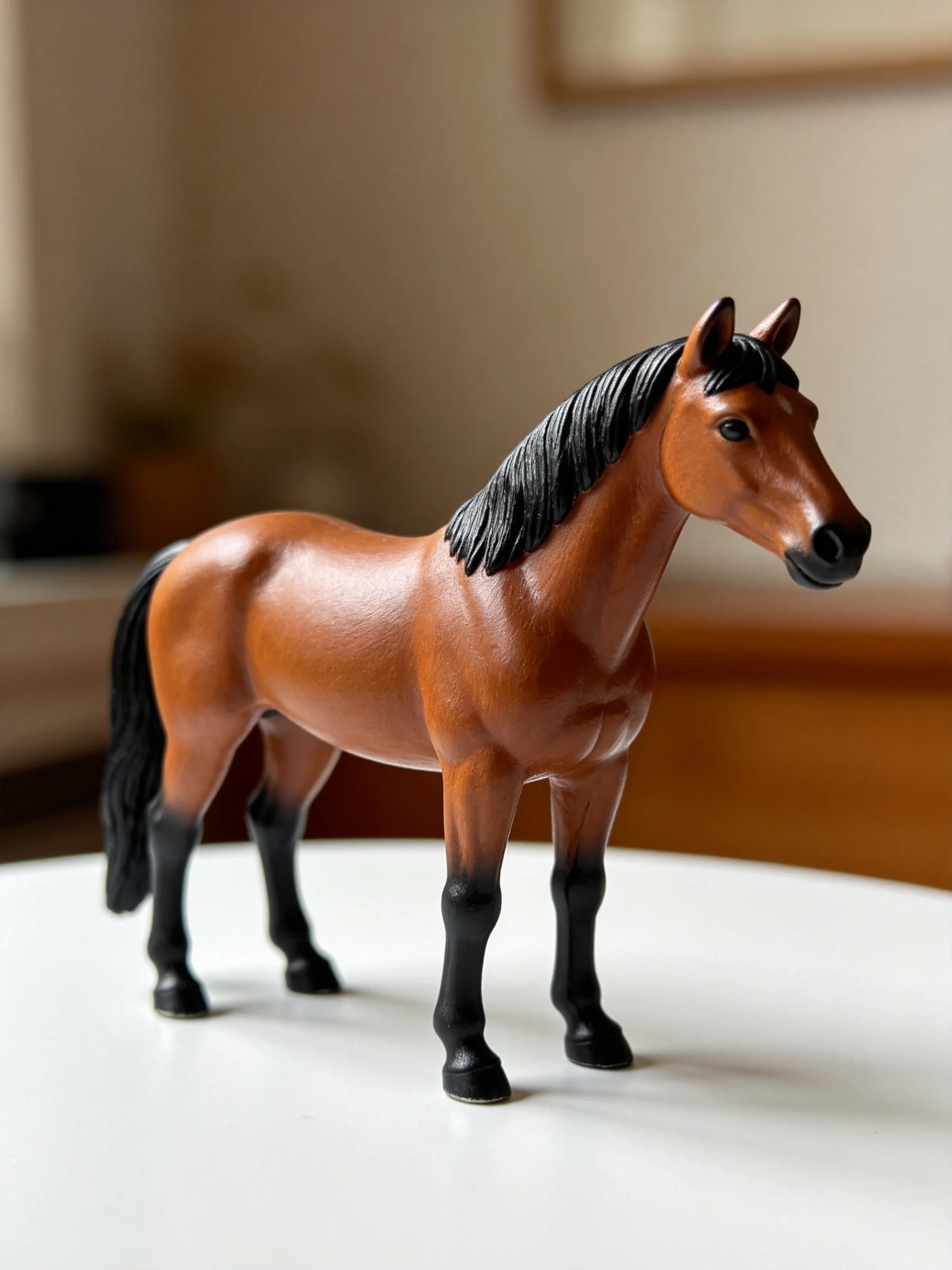 A brown plastic horse figurine with black mane and legs on a white table