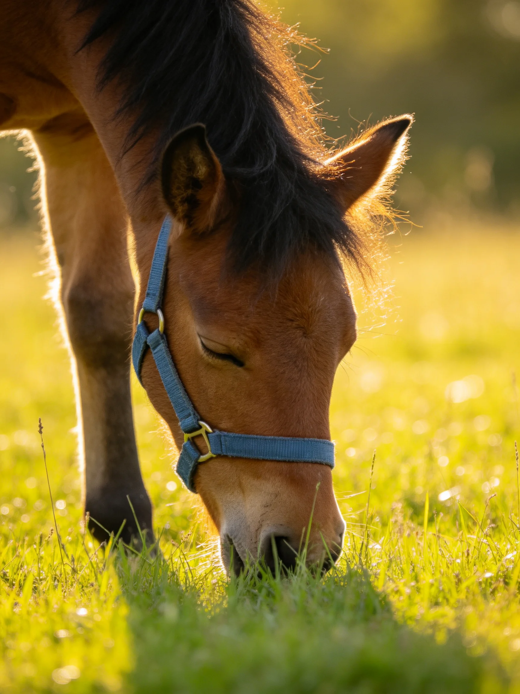 A brown pony with a blue halter grazes in a sunlit meadow