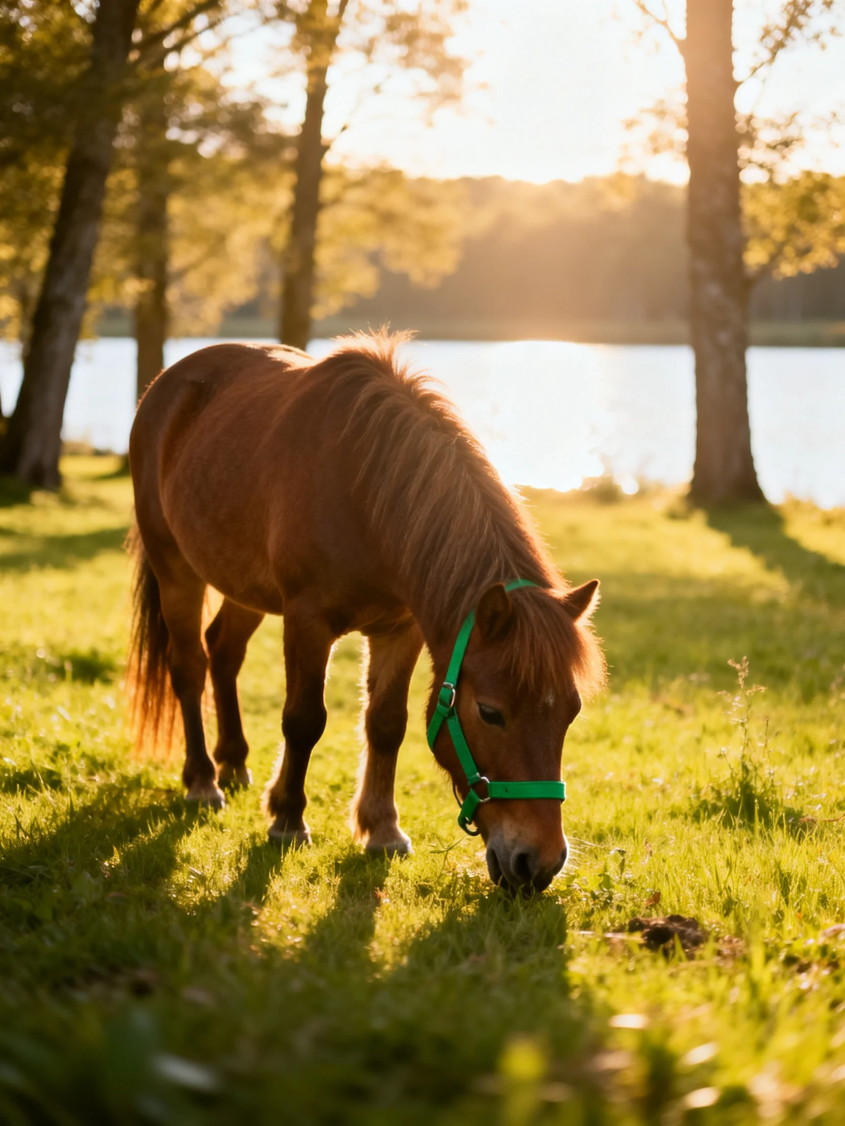 A brown pony with a green halter grazes in golden grass by a sunlit lake