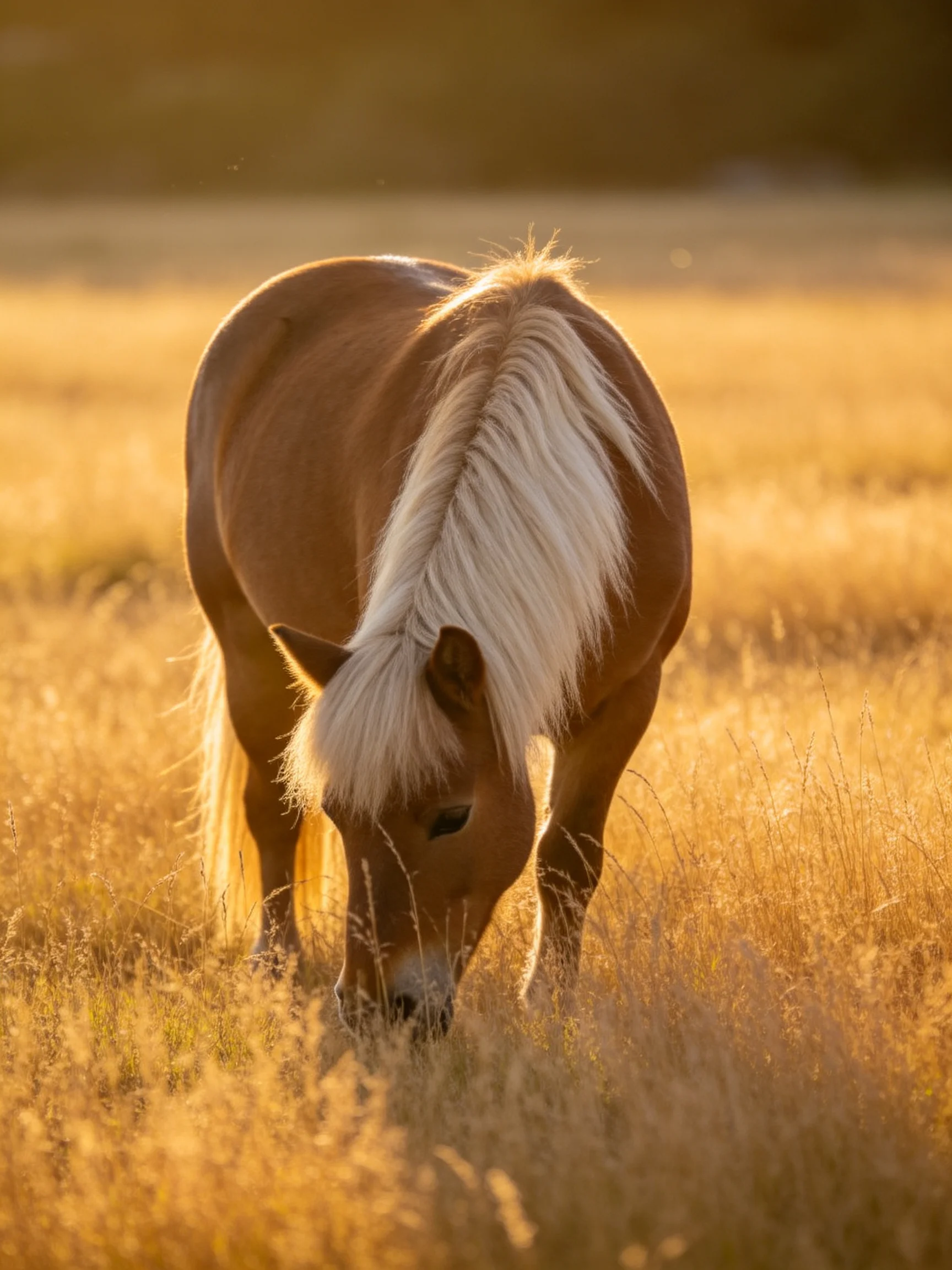 A brown pony with a long white mane grazes in a golden field.