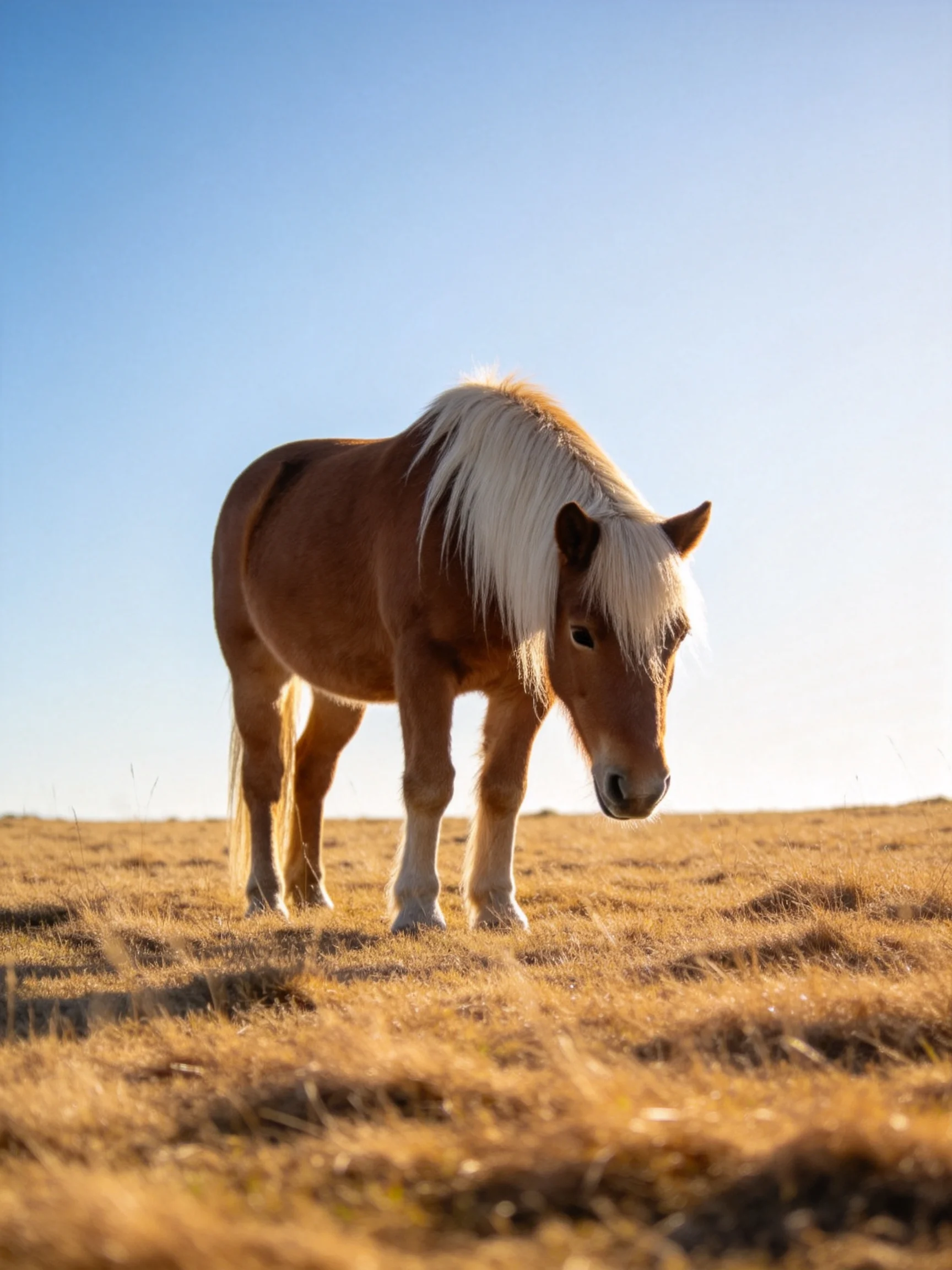 A brown pony with a long white mane stands in an golden field under blue sky