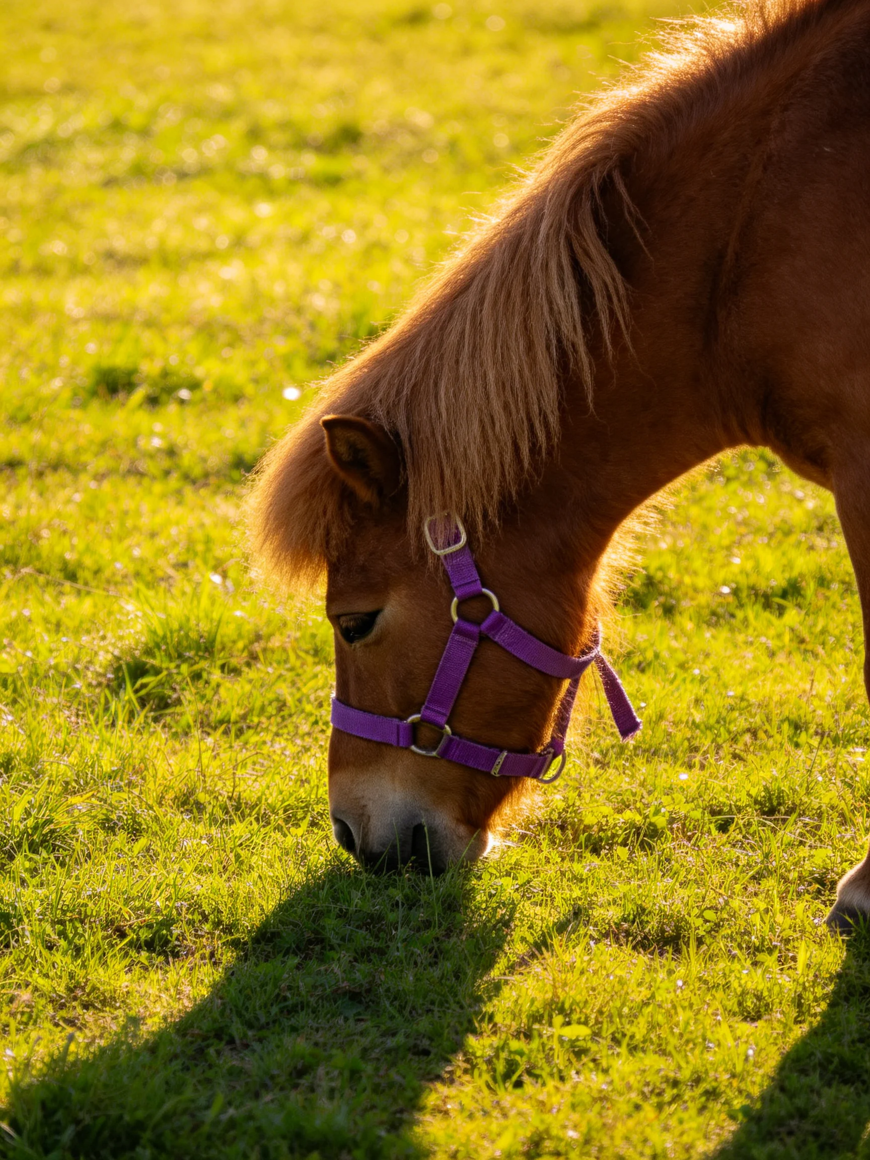 A brown pony with a purple halter grazes in a sunlit green meadow