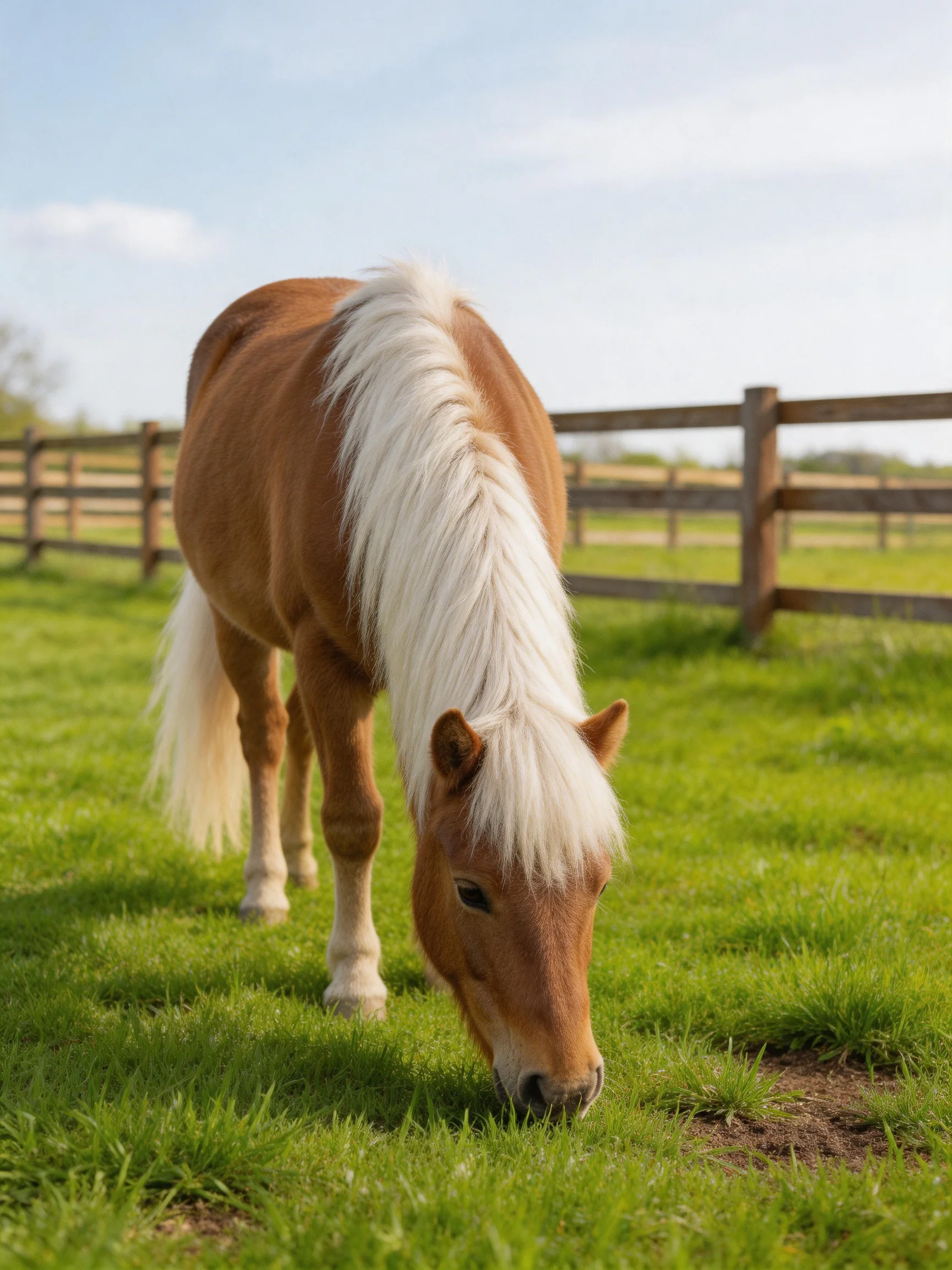 A brown pony with long white mane grazing in a lush green pasture